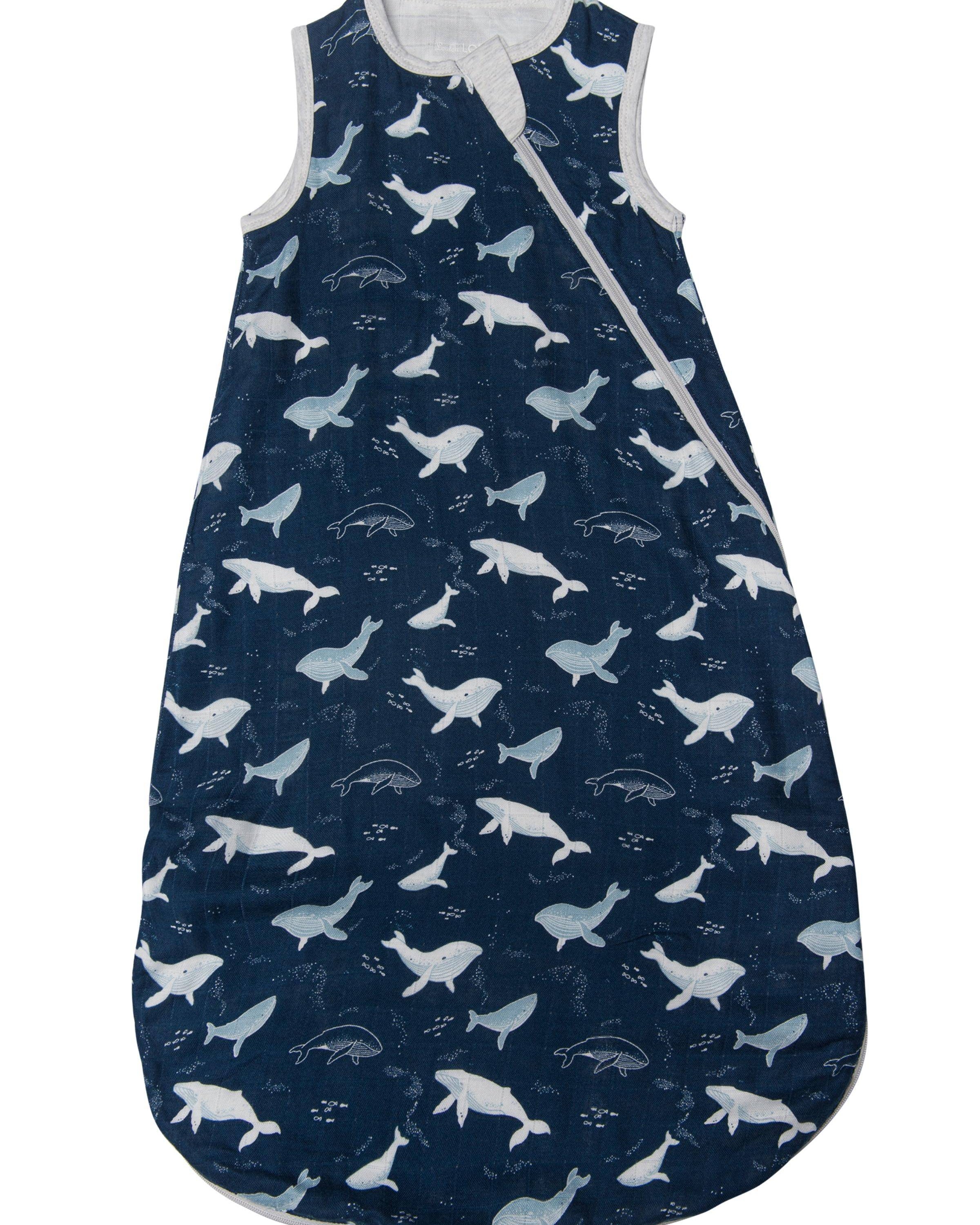Loulou Lollipop bamboo muslin baby sleep sack 0.5 TOG in Whales — front view on white background