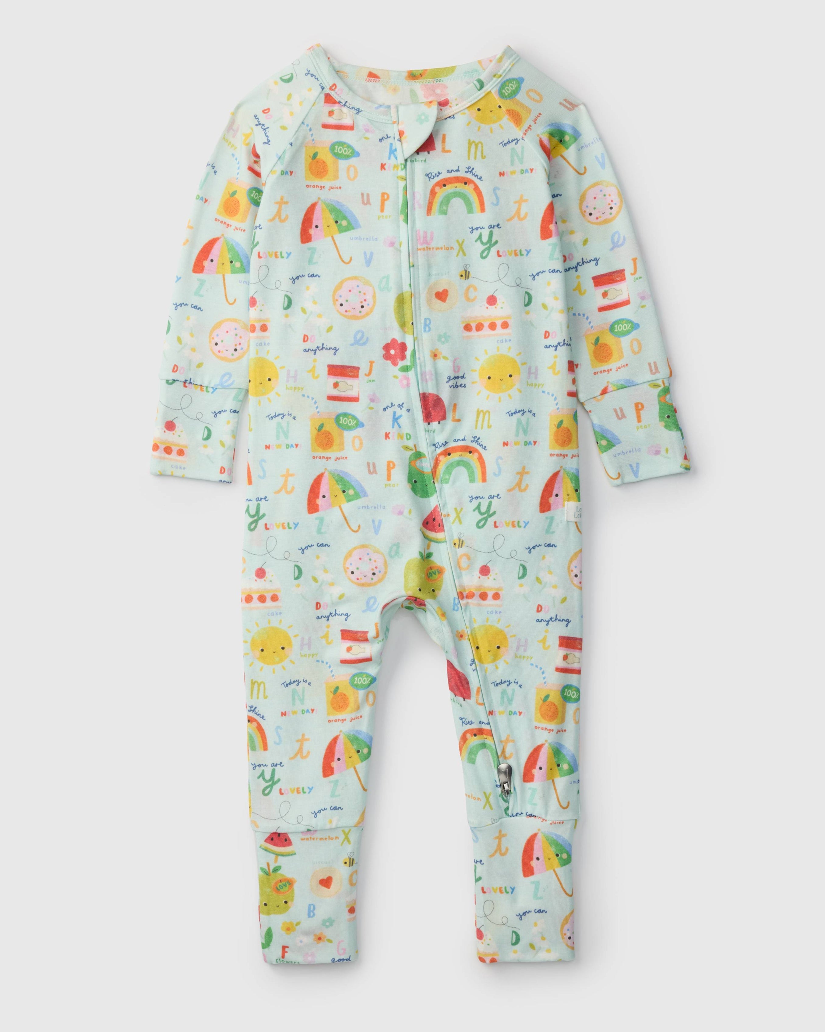 Loulou Lollipop TENCEL™ baby sleeper in Alphabet Smiles — front view on white background