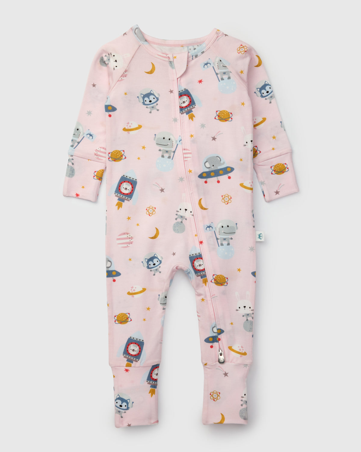 Loulou Lollipop TENCEL baby sleeper footie pajamas in Astro Explorers — front view on white background