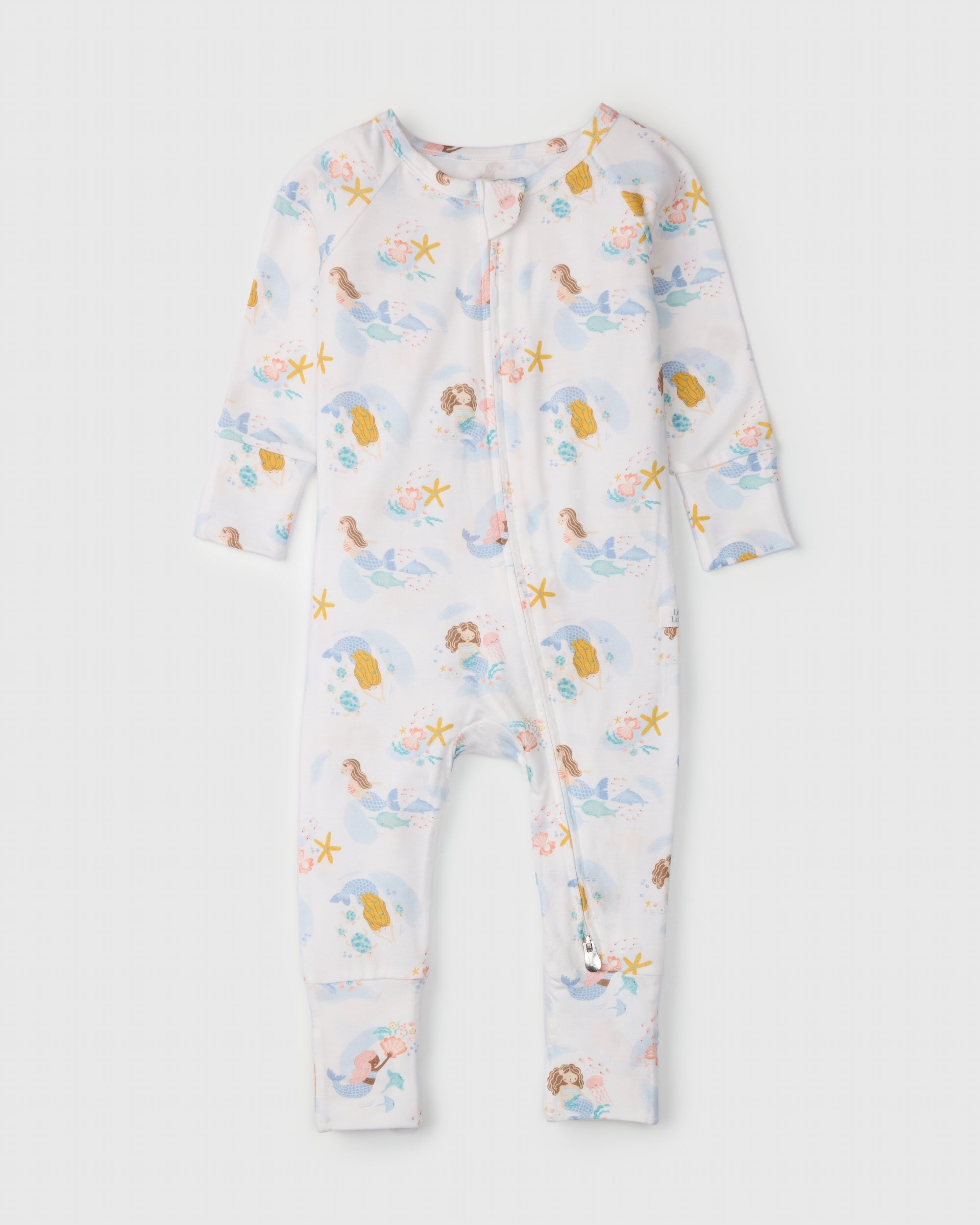 Loulou Lollipop TENCEL™ baby sleeper in Mermaids — front view on white background