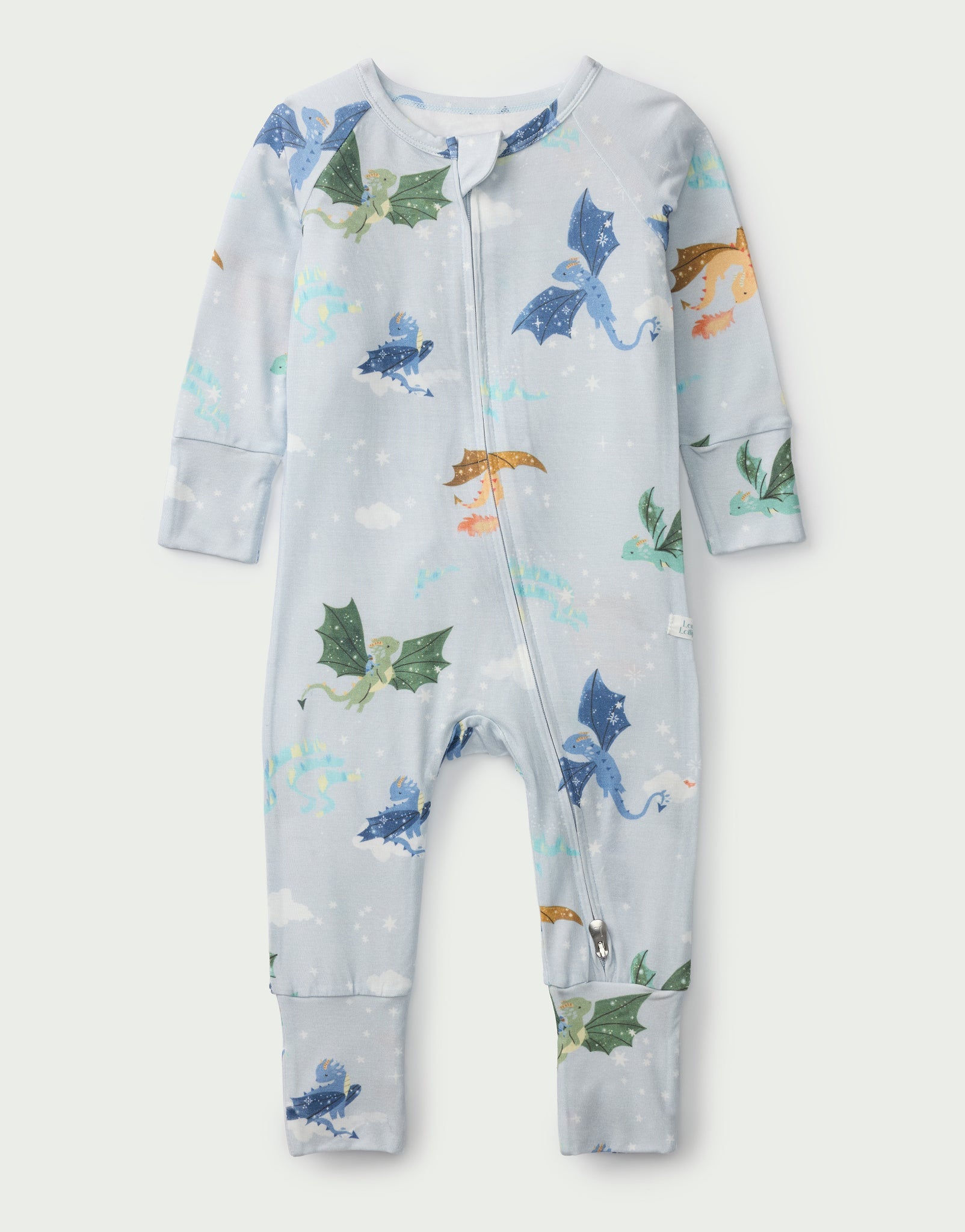 Loulou Lollipop TENCEL baby sleeper footie pajamas in Magical Dragons — front view on white background