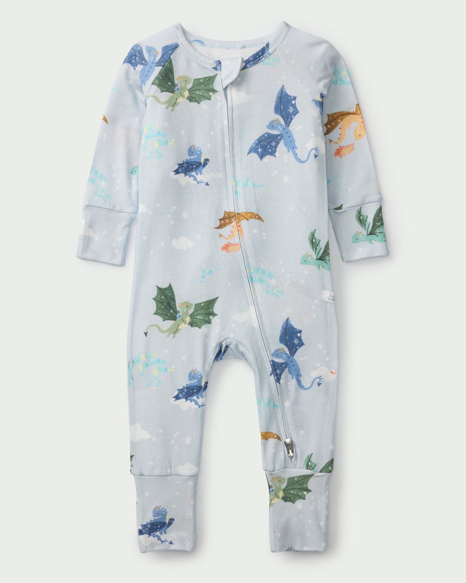 Loulou Lollipop TENCEL™ baby sleeper in Magical Dragons — front view on white background