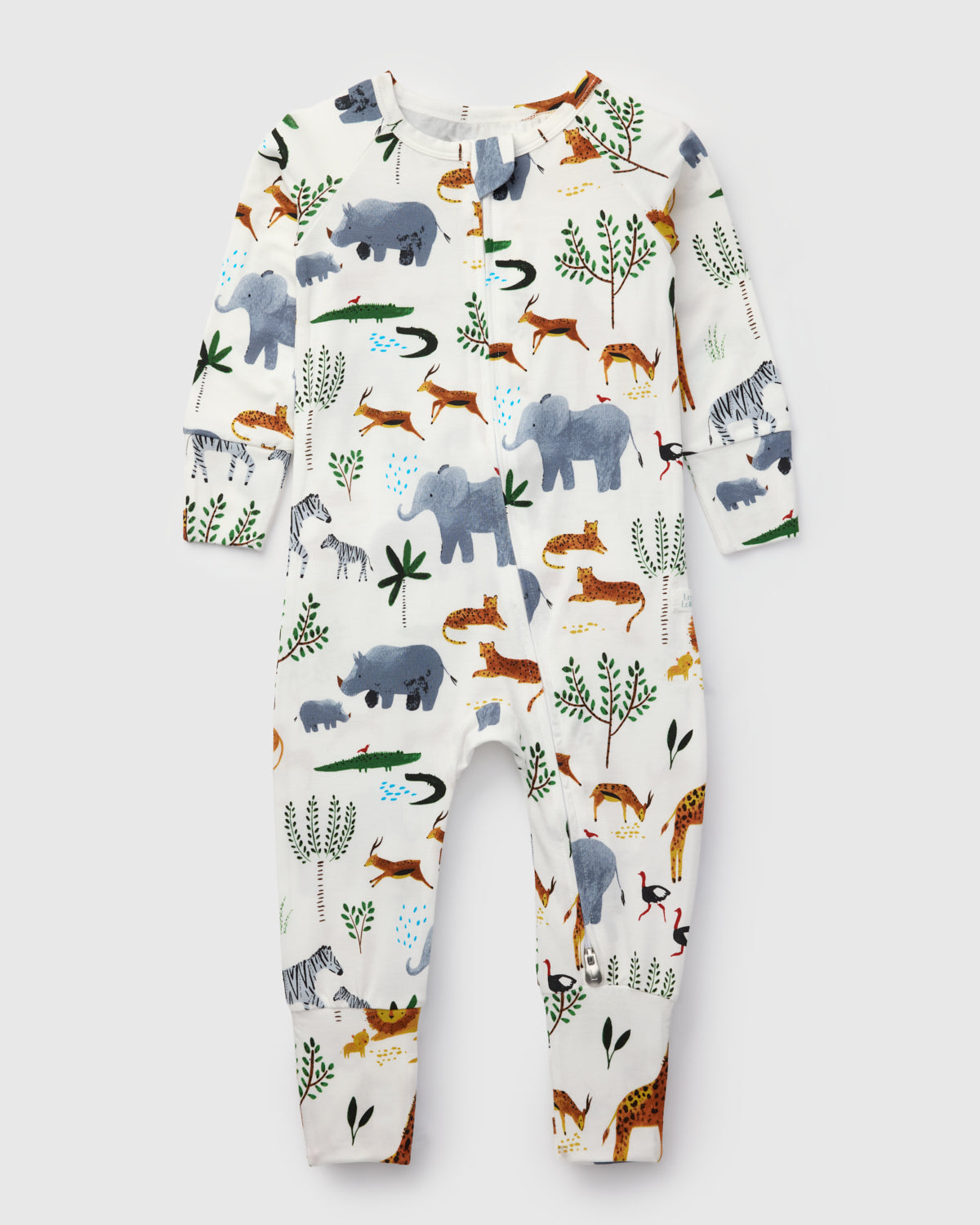 Loulou Lollipop TENCEL baby sleeper footie pajamas in Safari Jungle — front view on white background