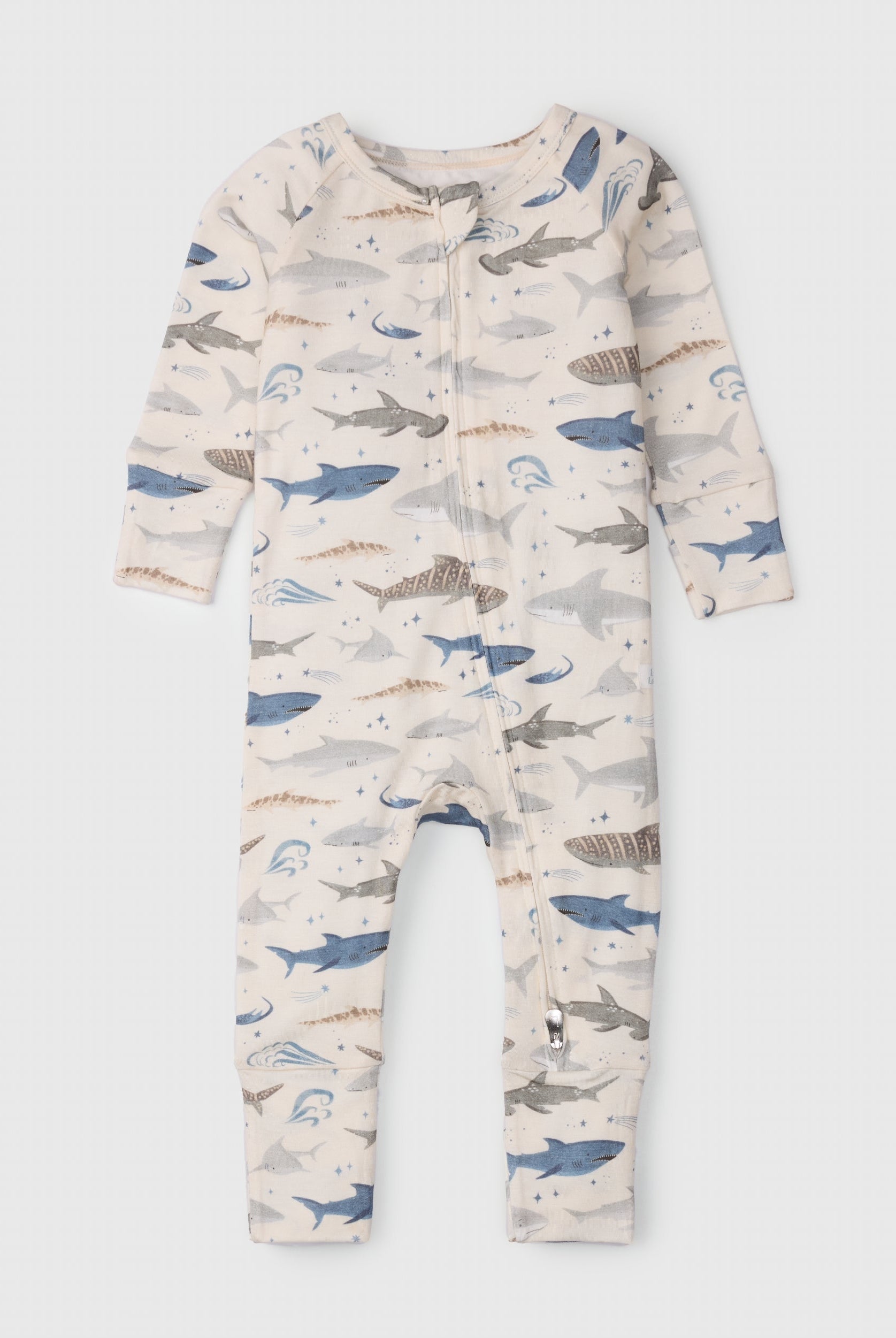Loulou Lollipop TENCEL baby sleeper footie pajamas in Smiley Sharks — front view on white background
