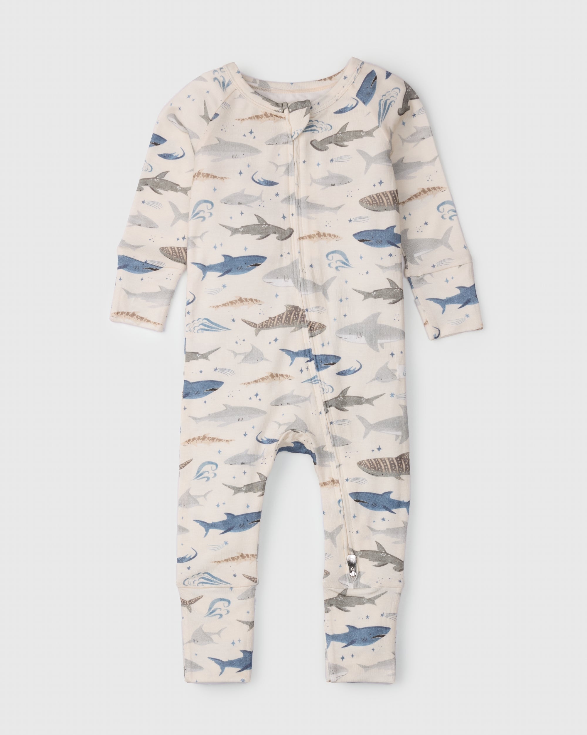 Loulou Lollipop TENCEL™ baby sleeper in Smiley Sharks — front view on white background
