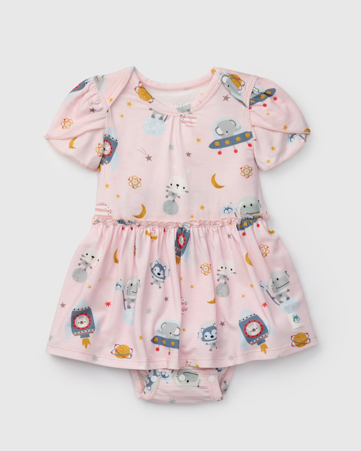 Loulou Lollipop Short Sleeve Bodysuit Dress in Astro Explorers — front view on white background