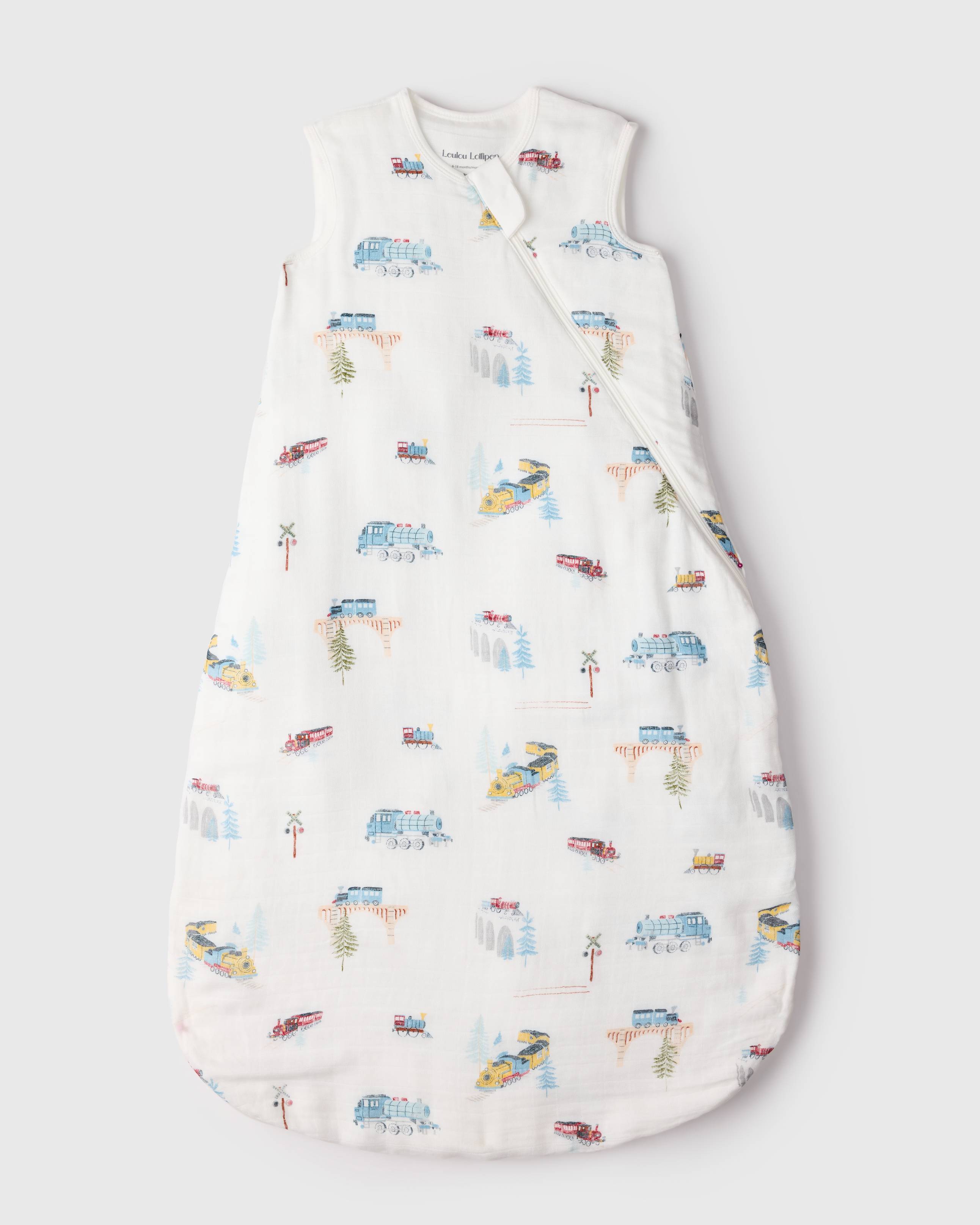 Loulou Lollipop bamboo muslin baby sleep sack 0.5 TOG in All Aboard — front view on white background
