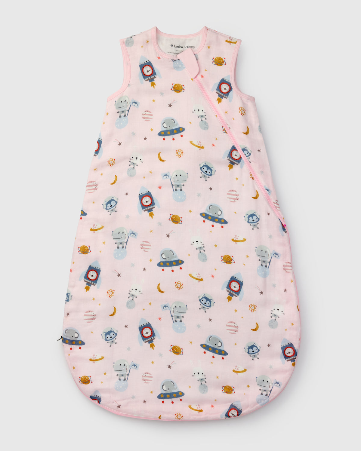 Loulou Lollipop muslin 0.5 TOG lightweight baby sleep bag in Astro Explorers — front view on white background