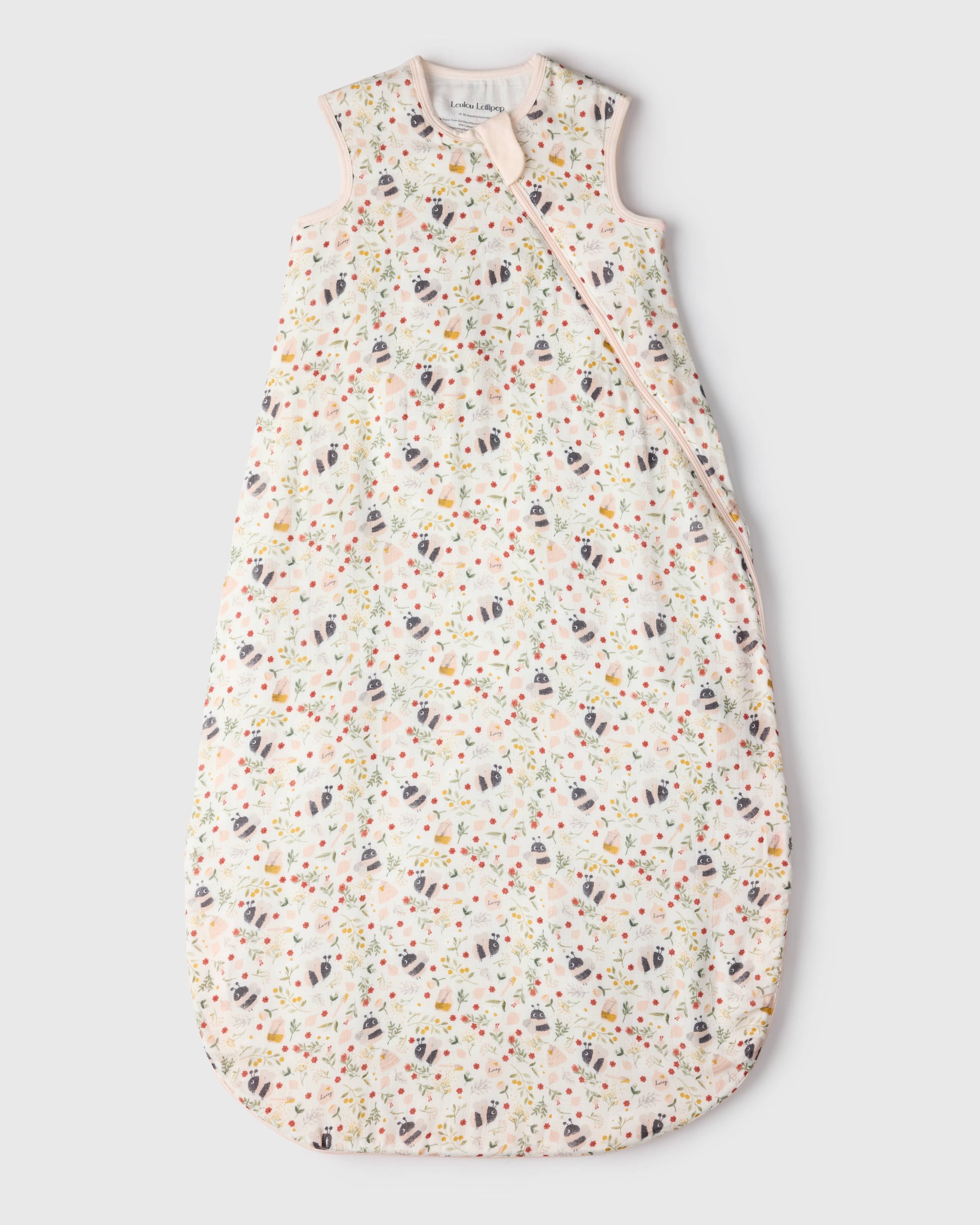 Loulou Lollipop bamboo muslin baby sleep sack 0.5 TOG in Bumble Bees — front view on white background