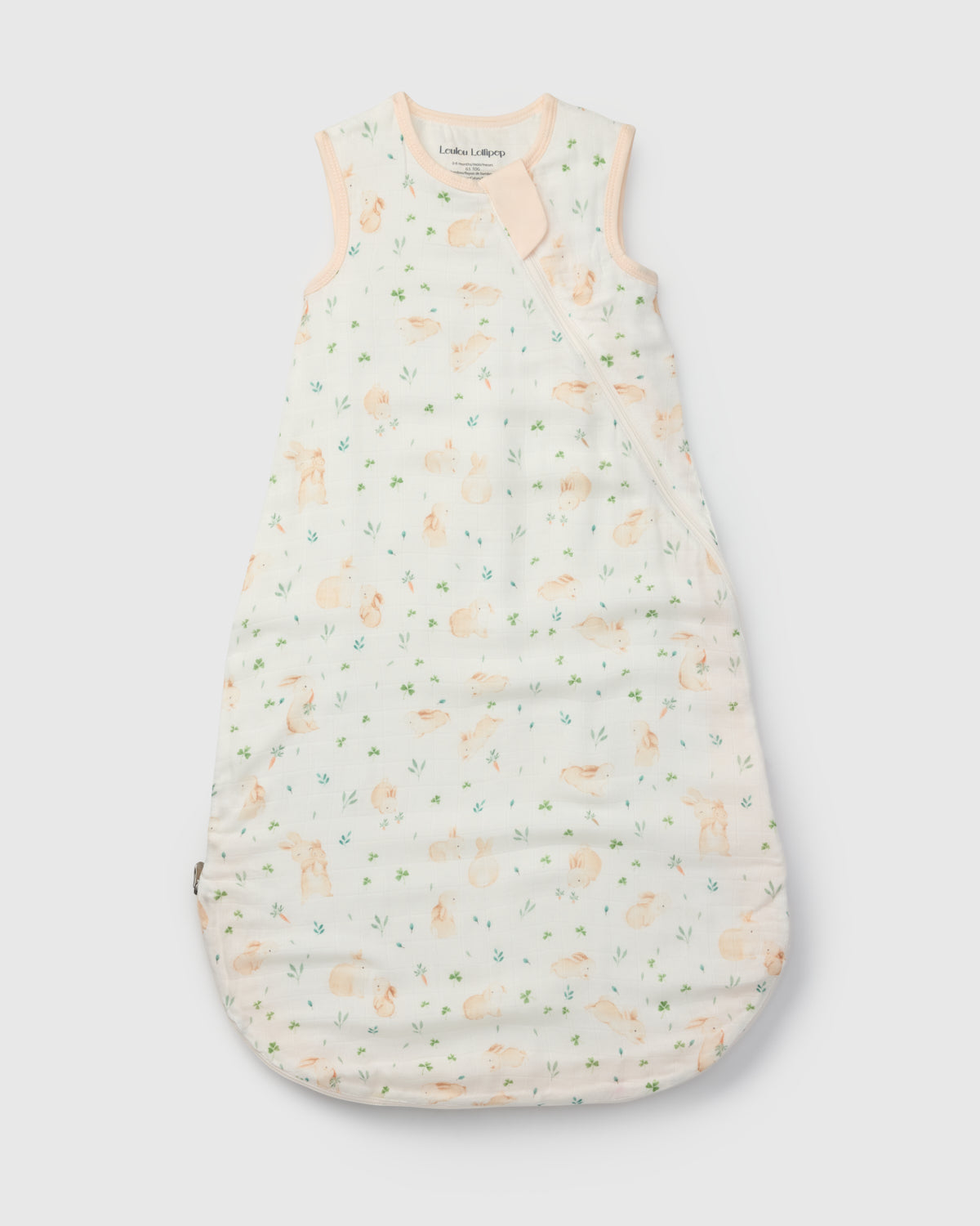 Loulou Lollipop bamboo muslin baby sleep sack 0.5 TOG in Bunny Meadow — front view on white background