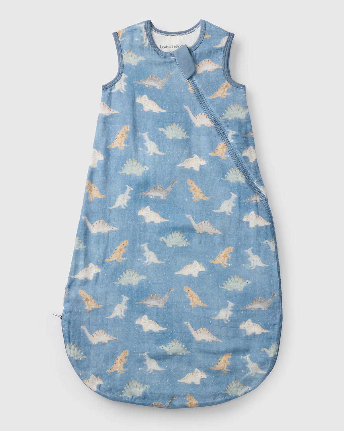 Loulou Lollipop bamboo muslin baby sleep sack 0.5 TOG in Dinosaur Stomp — front view on white background
