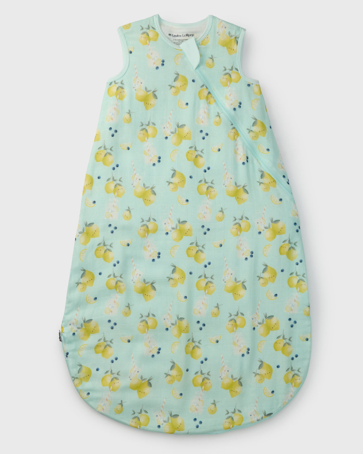 Loulou Lollipop bamboo muslin baby sleep sack 0.5 TOG in Lemon Squeezy — front view on white background