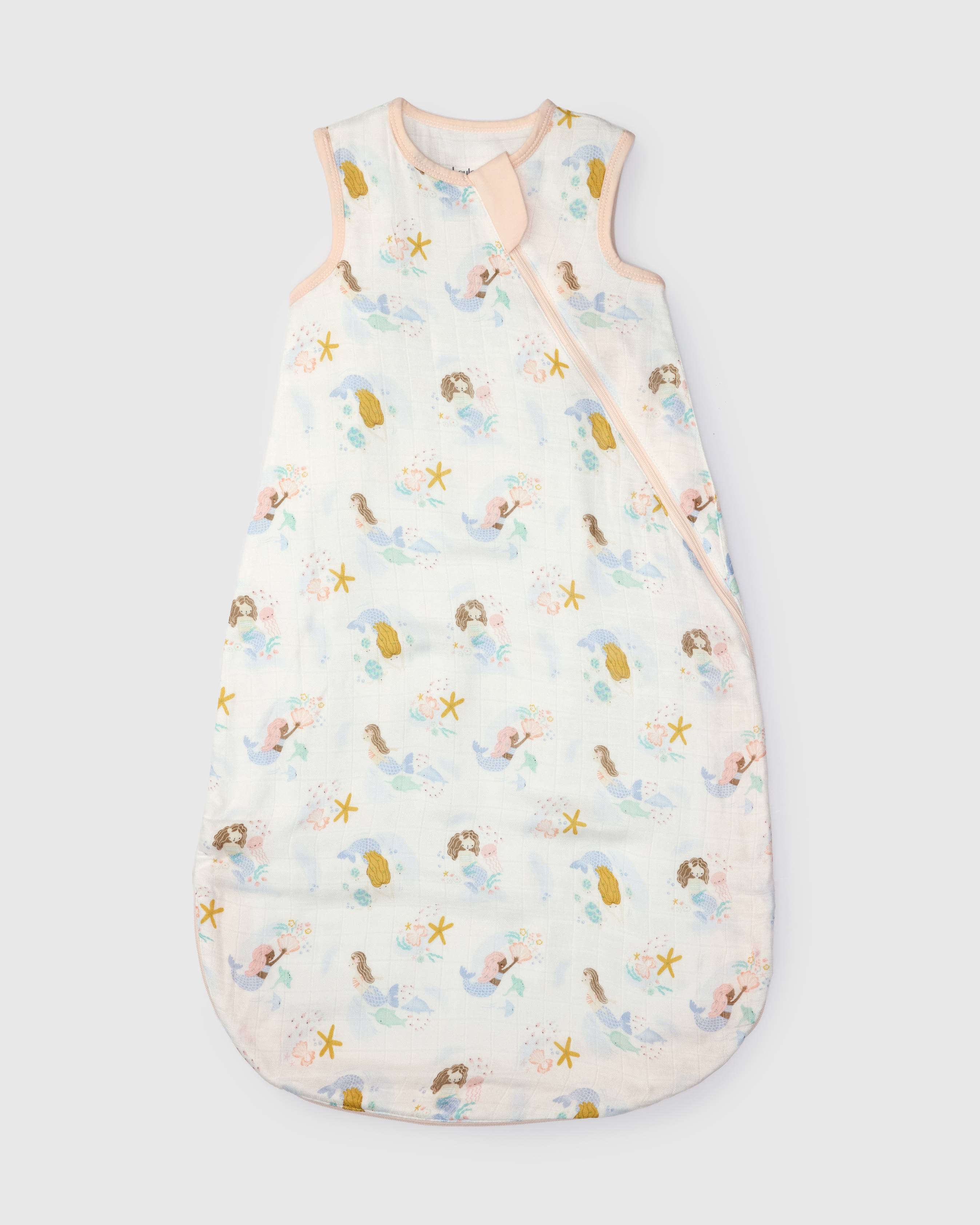 Loulou Lollipop muslin 0.5 TOG lightweight baby sleep bag in Mermaids — front view on white background
