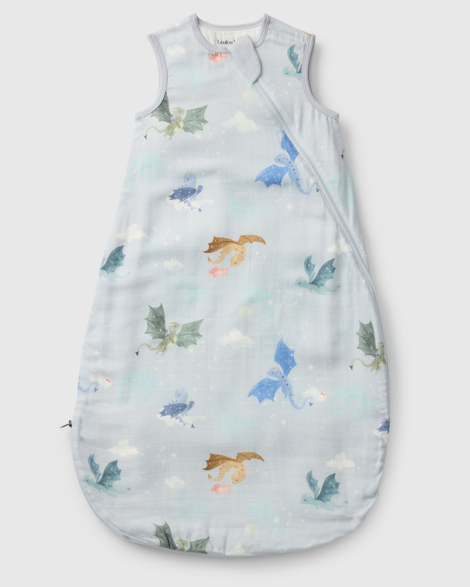 Loulou Lollipop bamboo muslin baby sleep sack 0.5 TOG in Magical Dragons — front view on white background