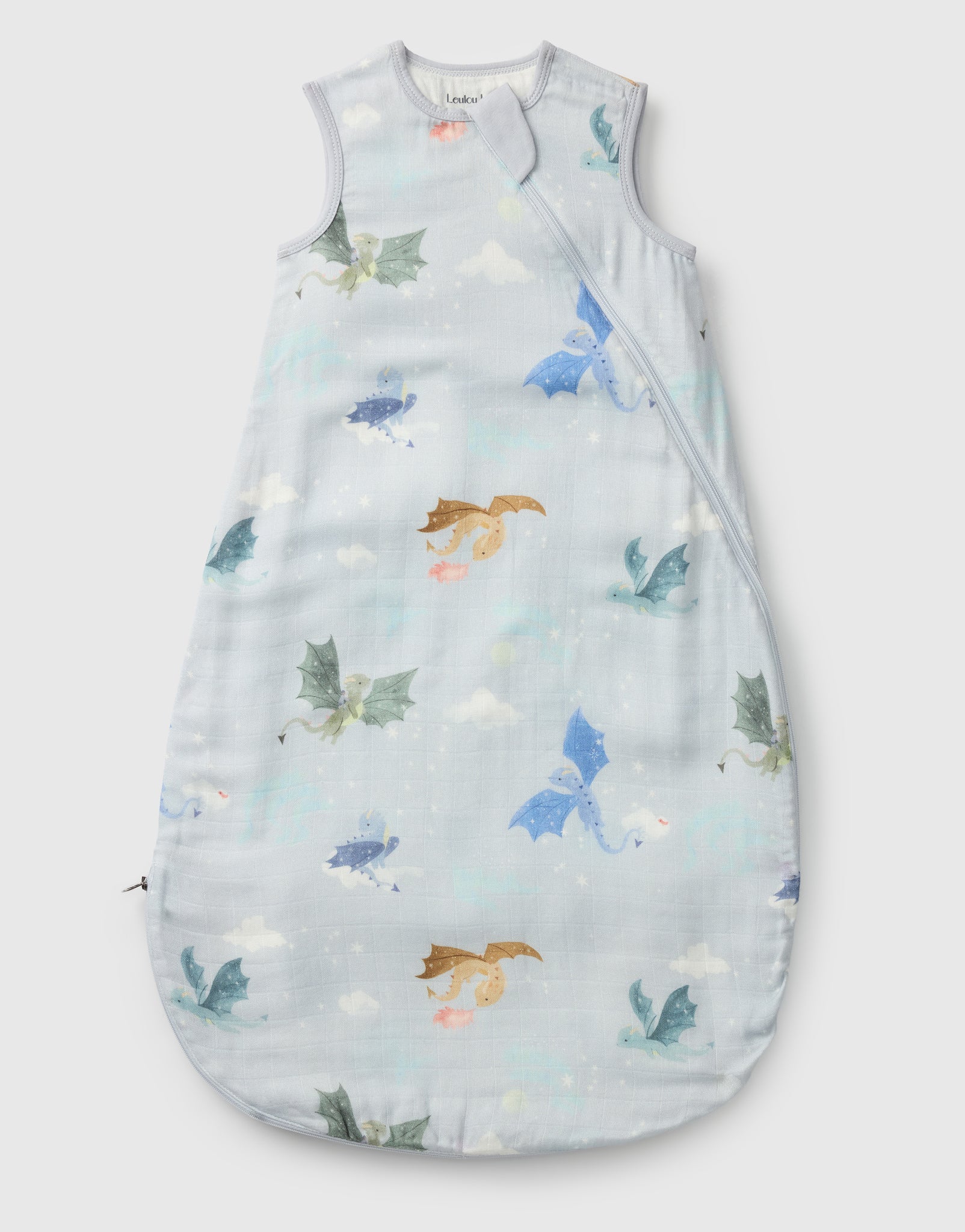 Loulou Lollipop bamboo muslin baby sleep sack 0.5 TOG in Magical Dragons — front view on white background