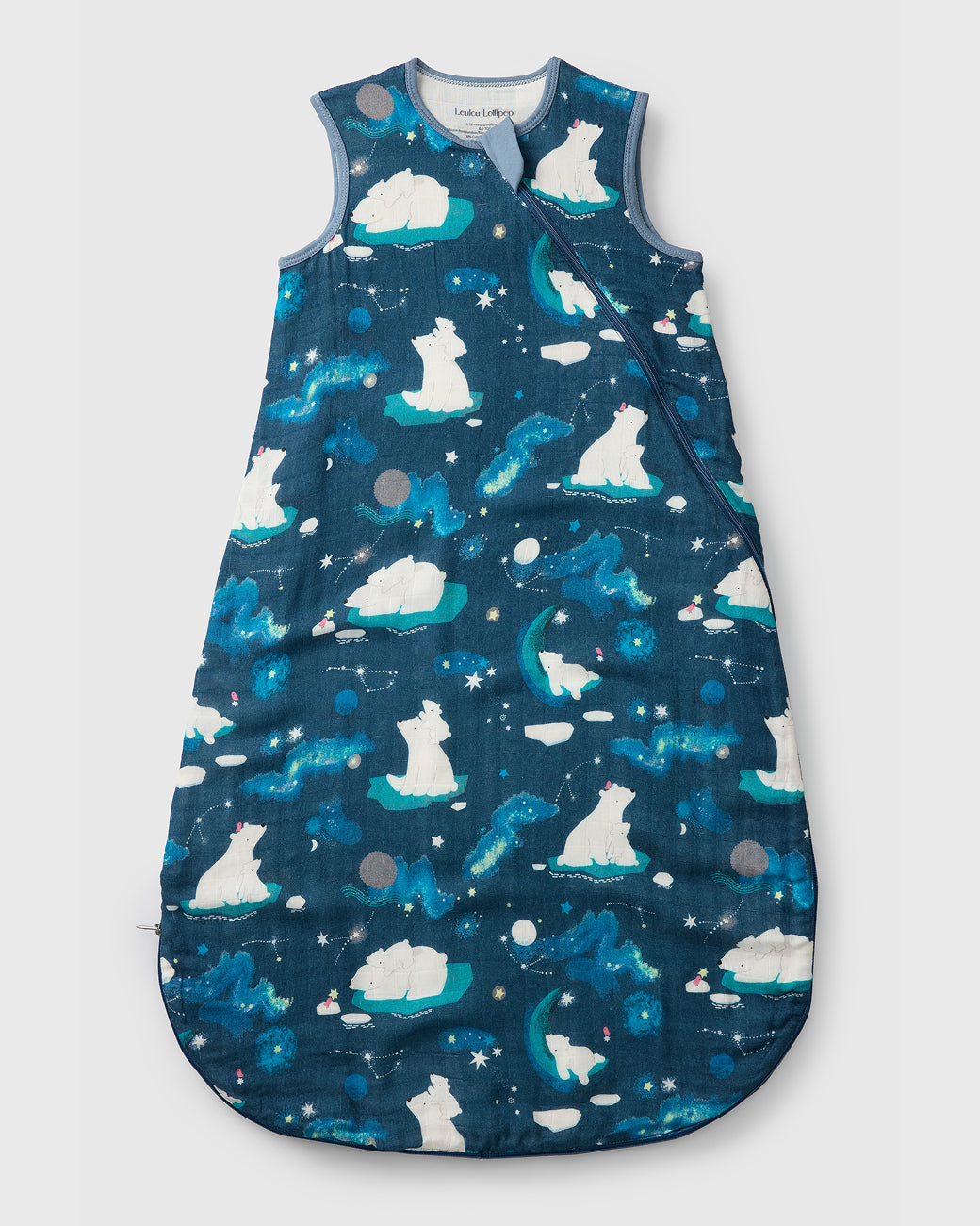 Loulou Lollipop bamboo muslin baby sleep sack 0.5 TOG in Stargazing Bears — front view on white background