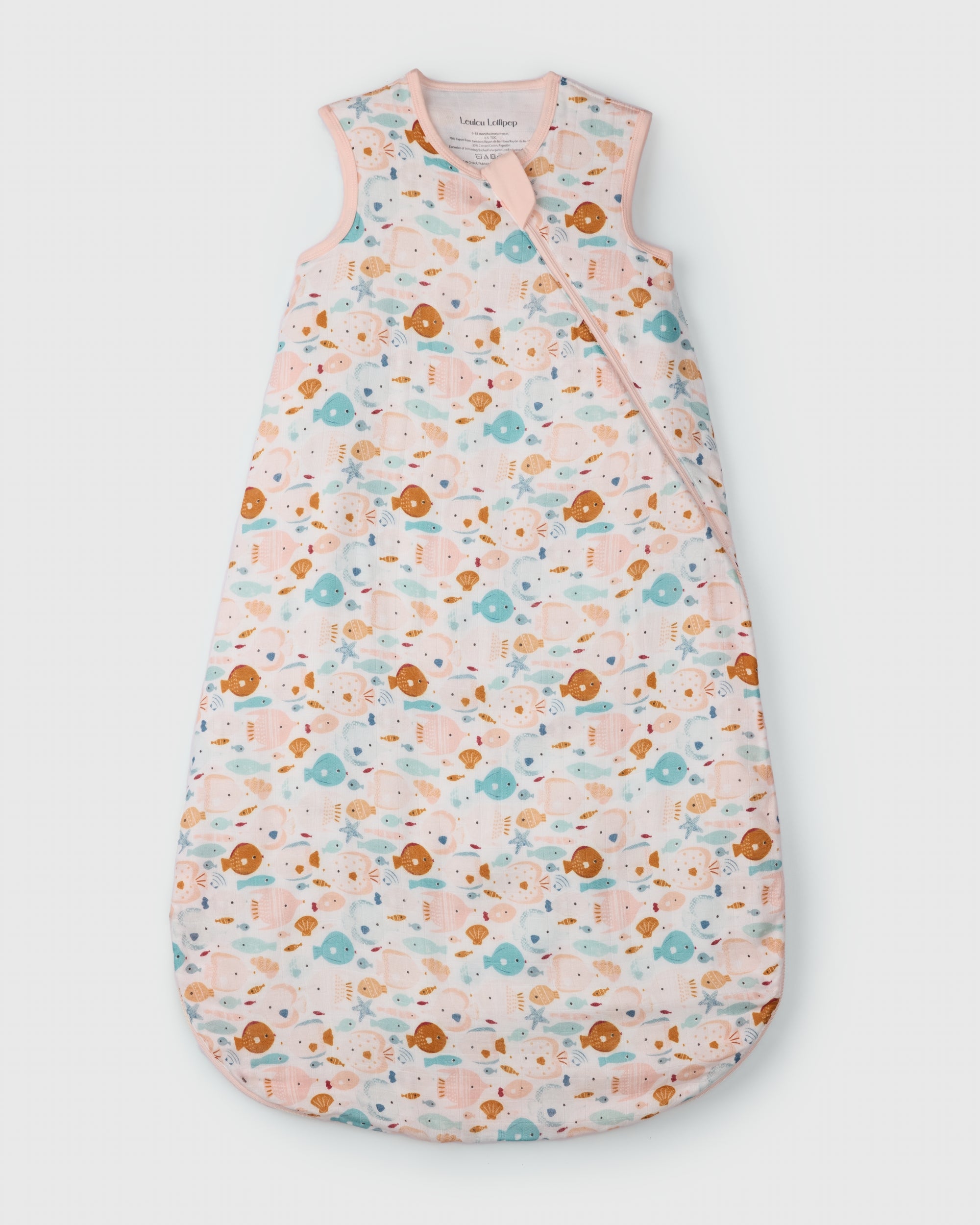 Loulou Lollipop muslin 0.5 TOG lightweight baby sleep bag in Sun Kissed Shoal — front view on white background
