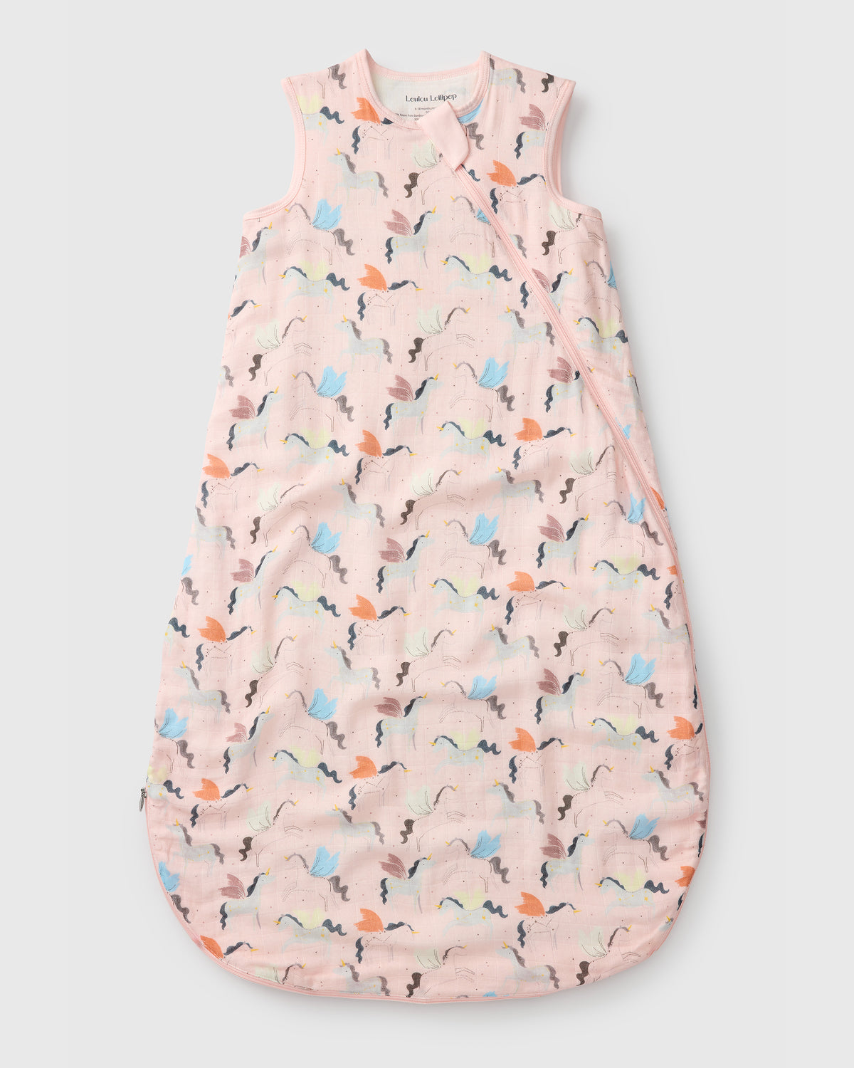 Loulou Lollipop bamboo muslin baby sleep sack 0.5 TOG in Unicorn Ballet — front view on white background