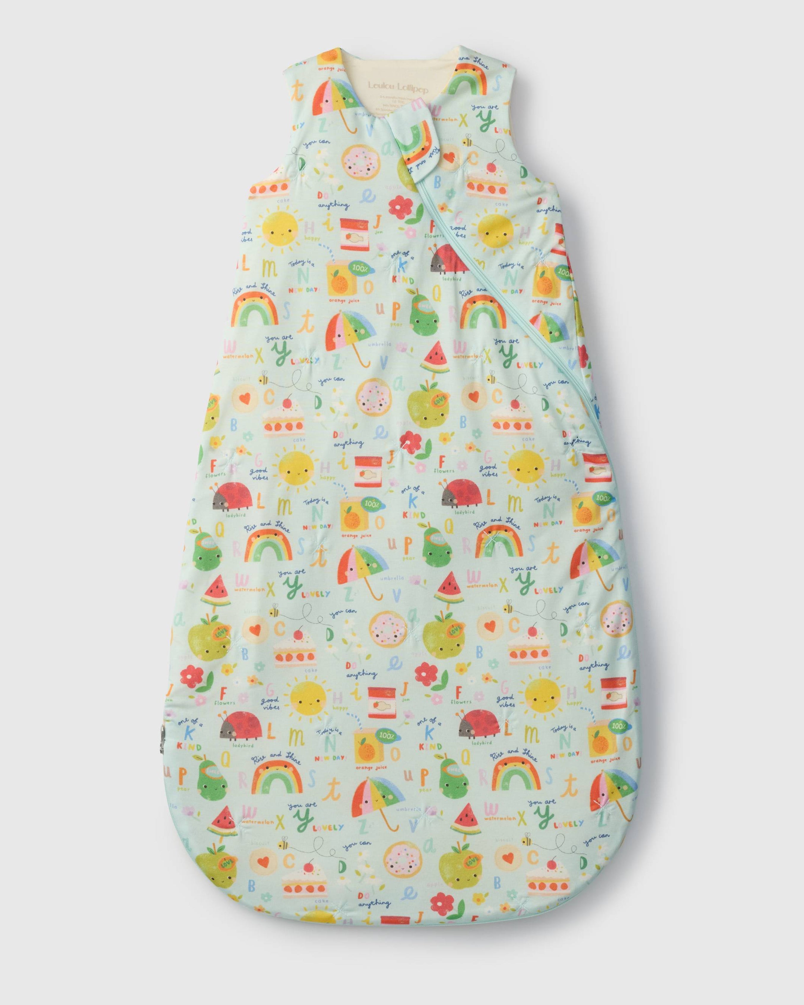 Loulou Lollipop TENCEL™ baby sleep sack 1.0 TOG in Alphabet Smiles — front view on white background