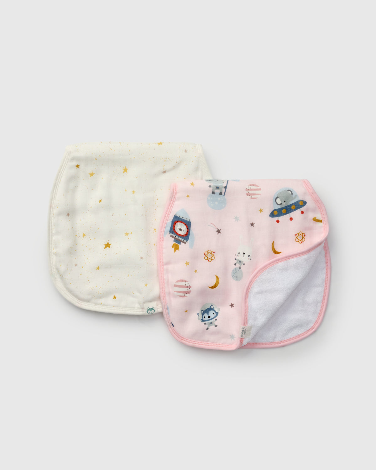 Loulou Lollipop Burp Cloth Set in Astro Explorers — front view on white background
