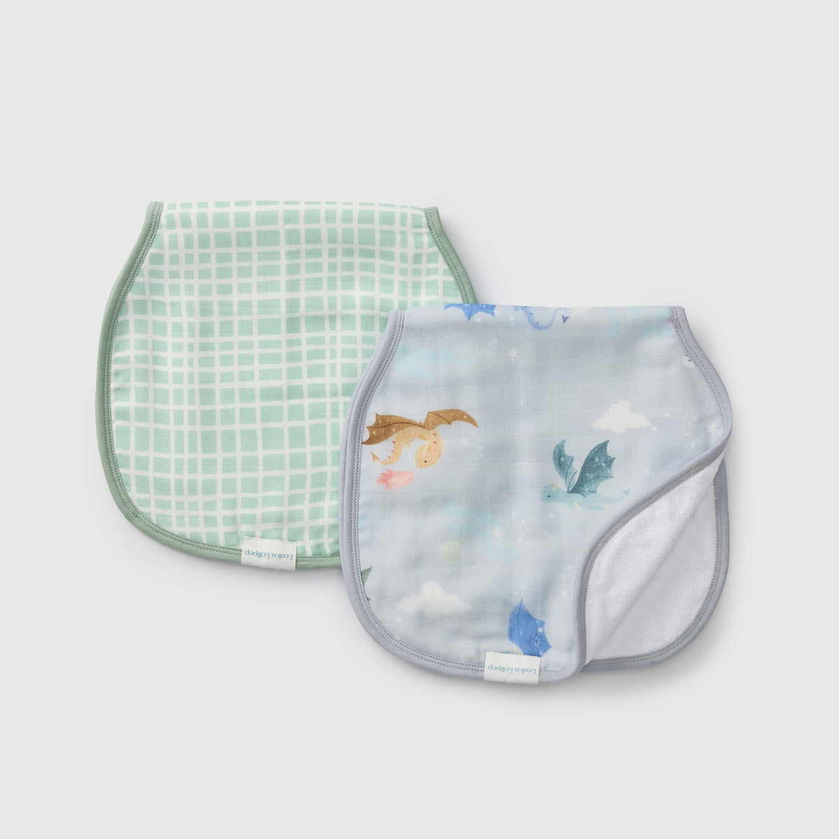 Loulou Lollipop Burp Cloth Set in Magical Dragons — front view on white background