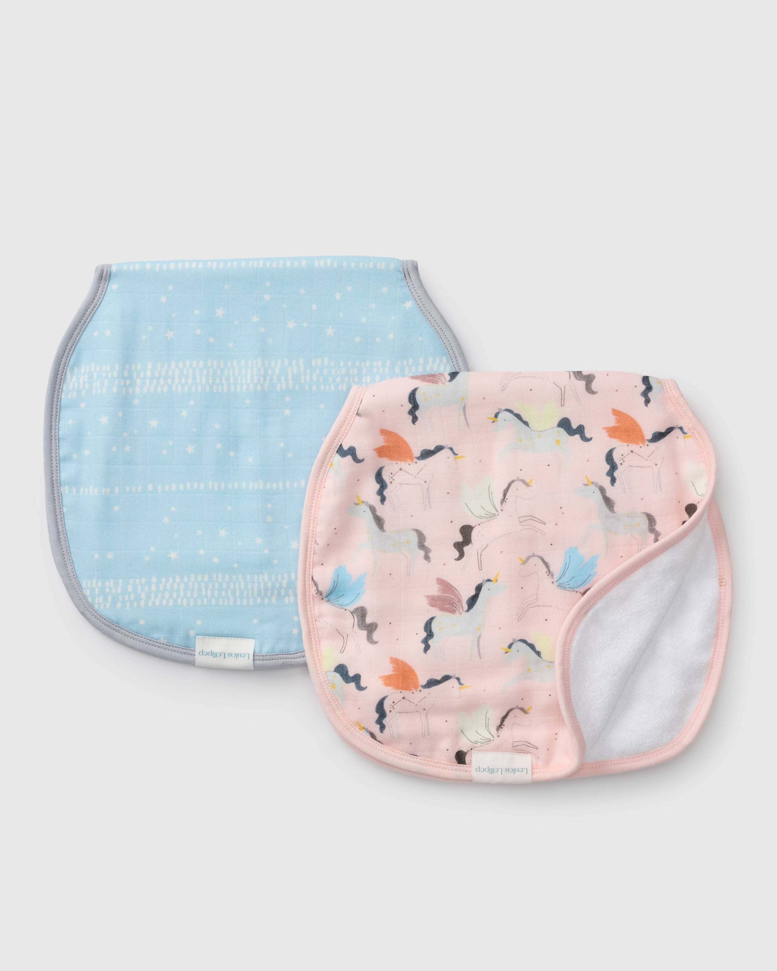 Loulou Lollipop Burp Cloth Set in Unicorn Ballet — front view on white background