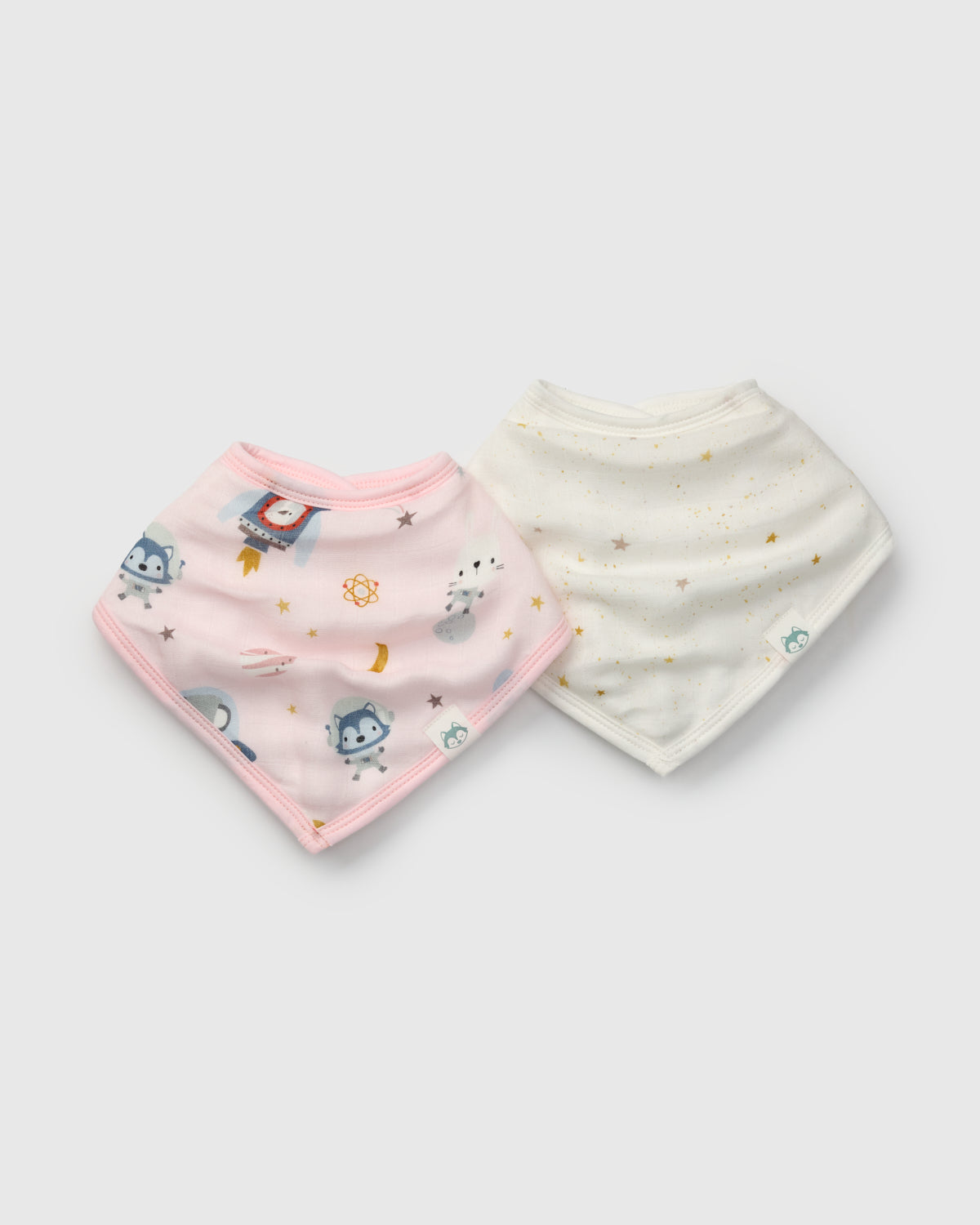 Loulou Lollipop bandana bib set 2-pack in Astro Explorers — front view on white background