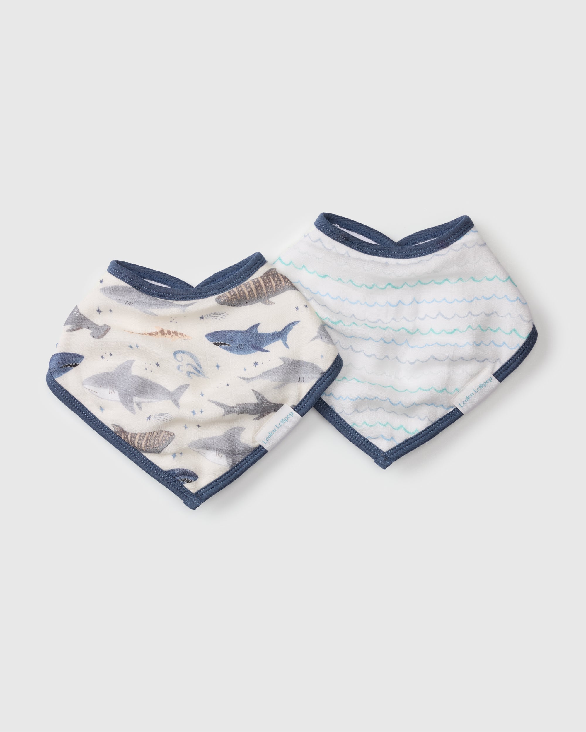 Loulou Lollipop bandana bib set 2-pack in Smiley Sharks — front view on white background