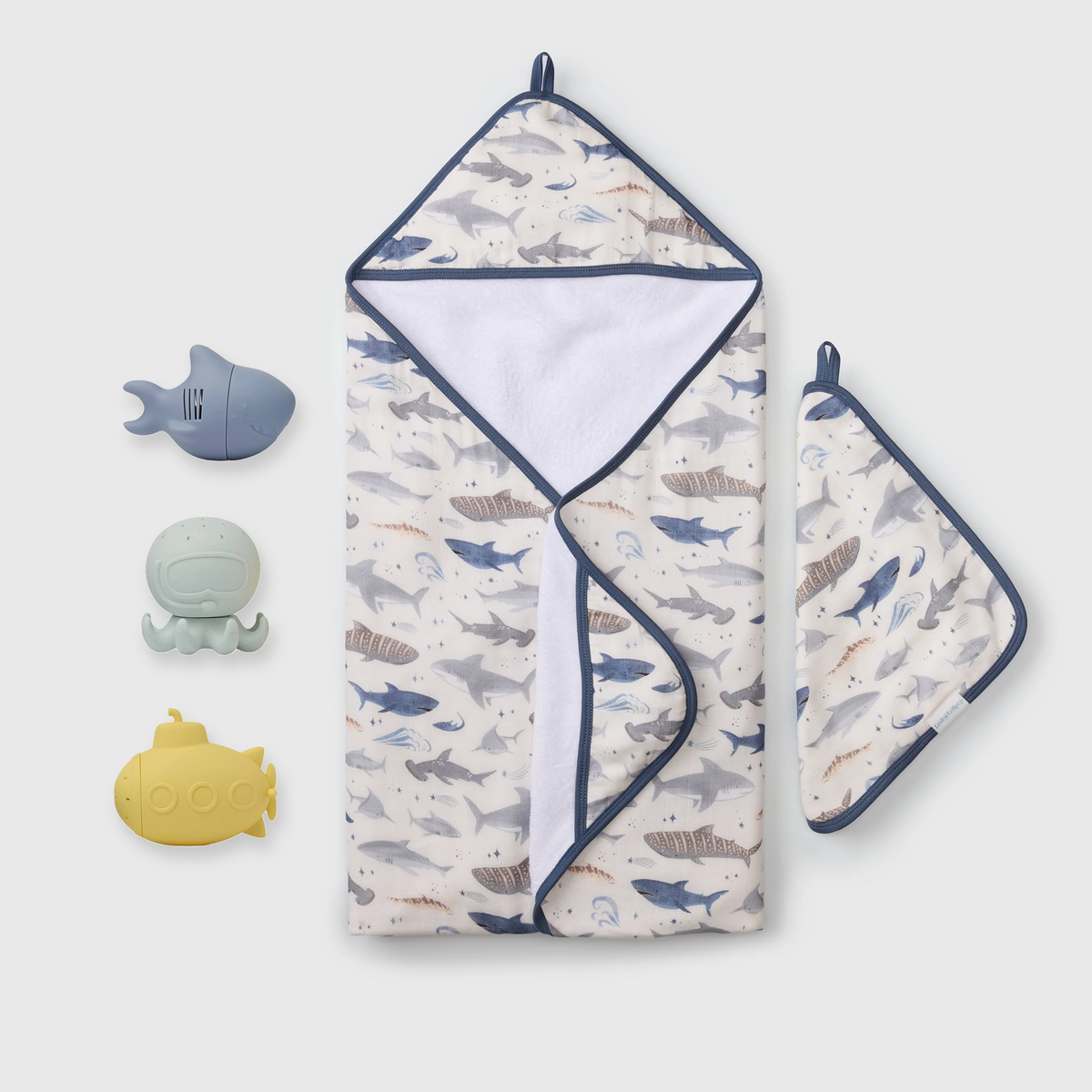 Loulou Lollipop Baby Bath Gift Bundle in Smiley Sharks — front view on white background