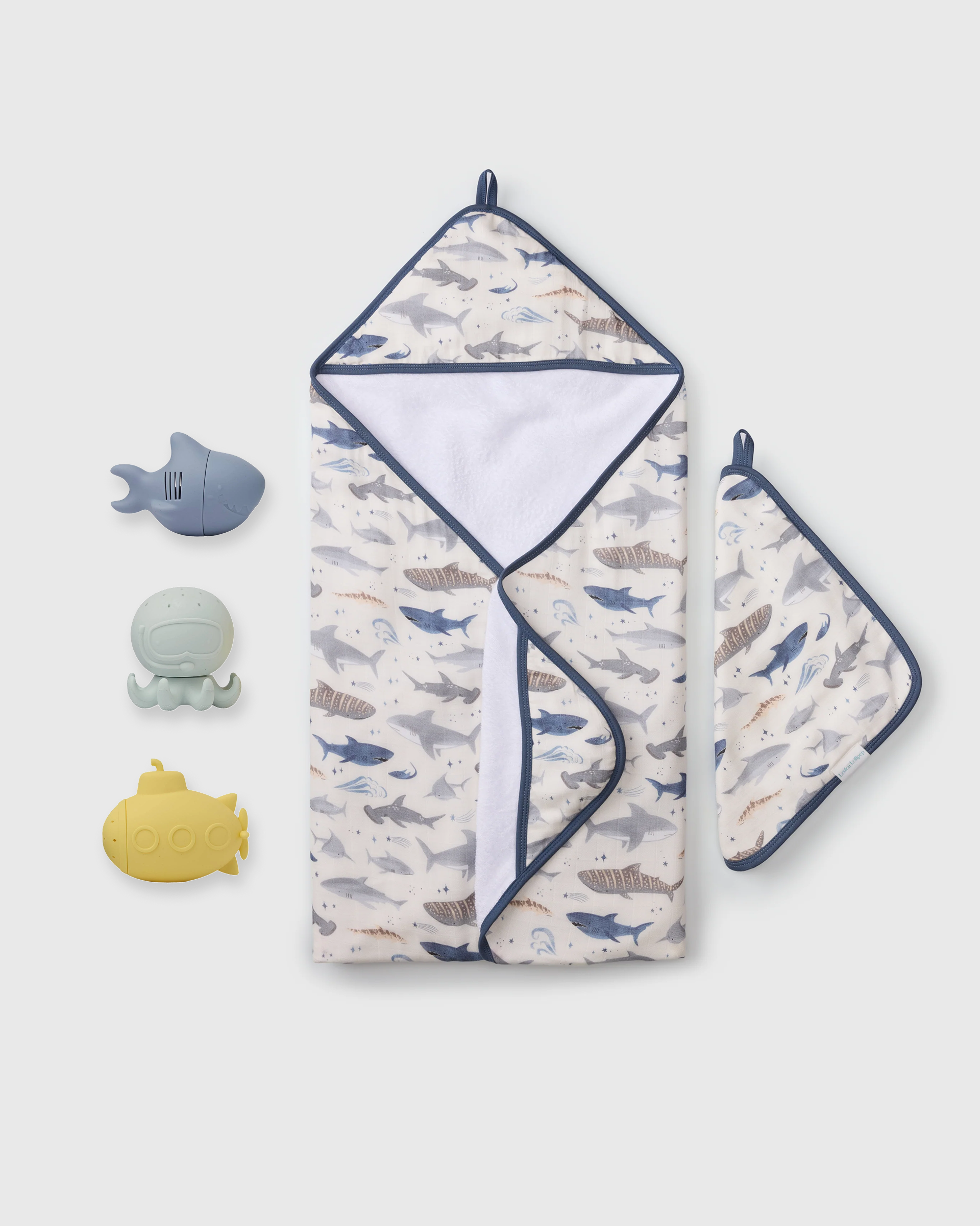 Loulou Lollipop Baby Bath Gift Bundle in Smiley Sharks — front view on white background