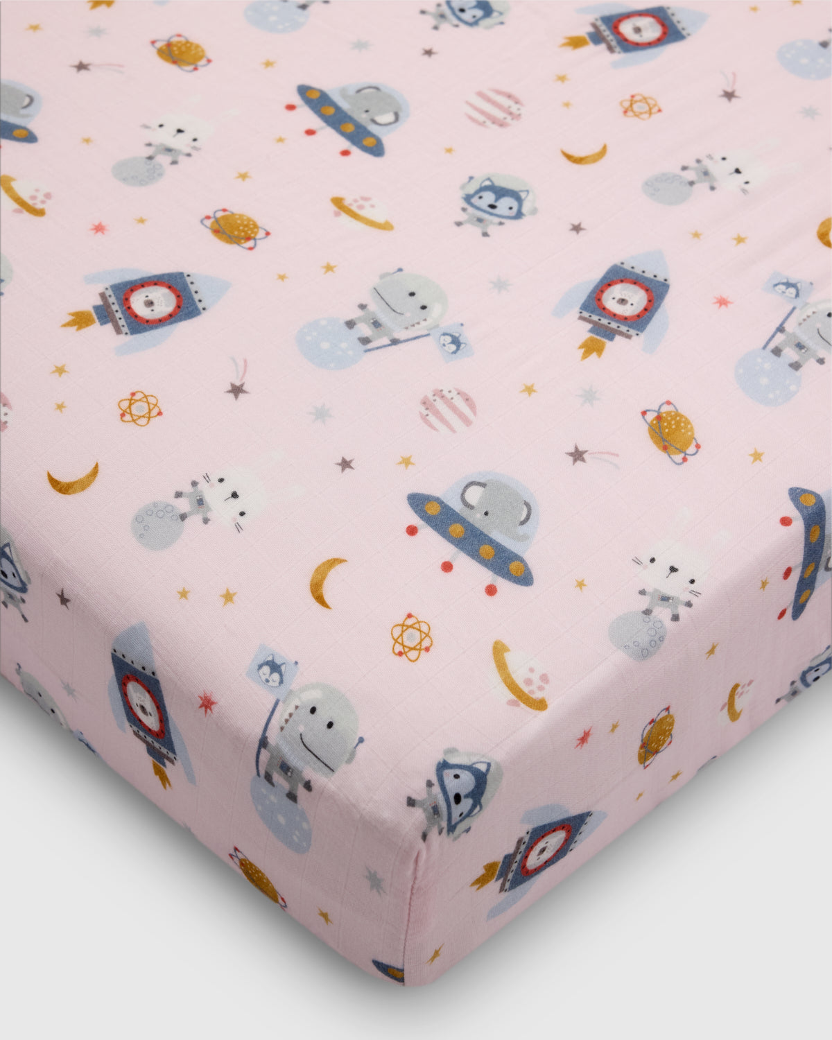 Loulou Lollipop muslin fitted crib sheet in Astro Explorers for US standard crib — front view on white background
