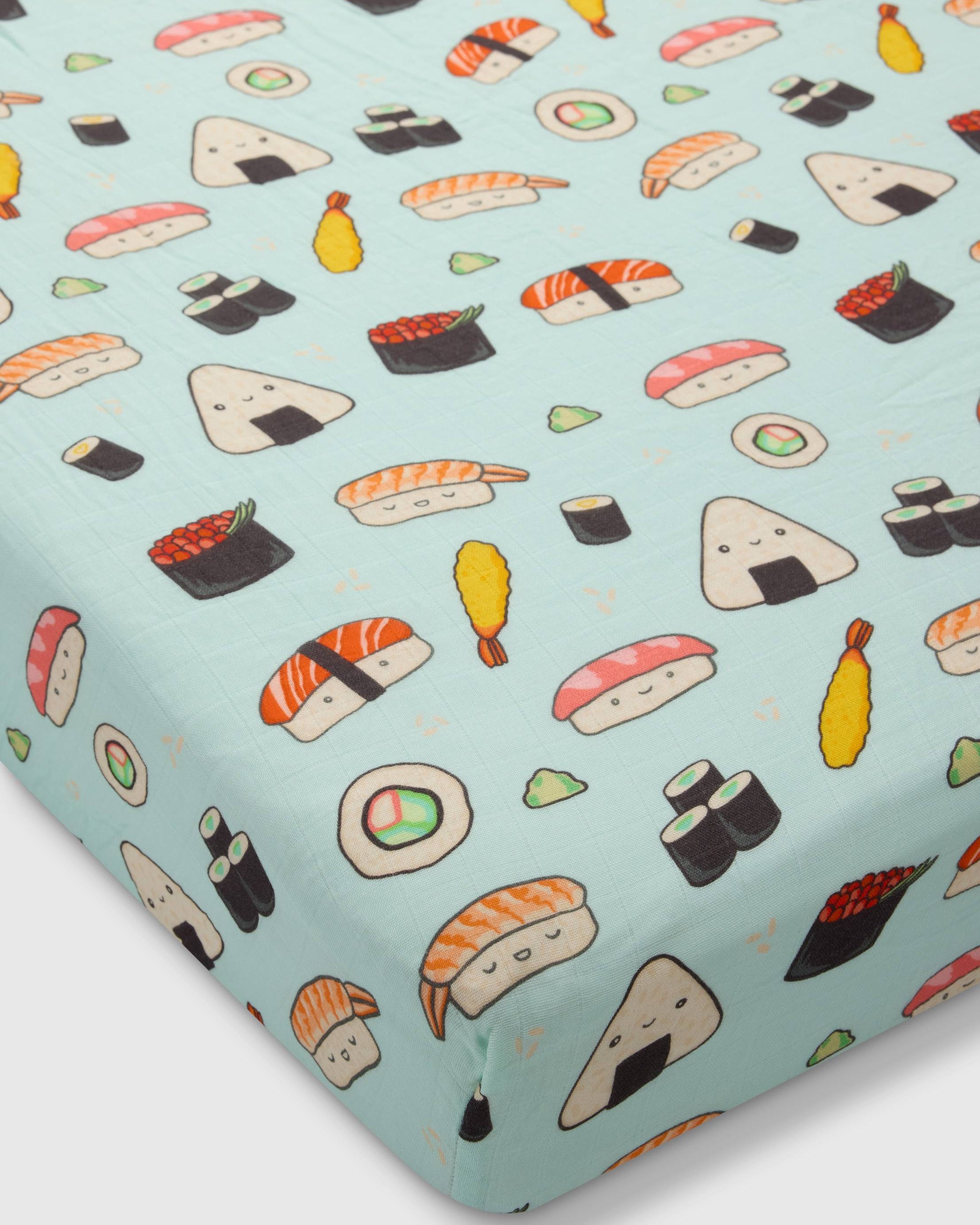 Loulou Lollipop muslin fitted crib sheet in Sushi for US standard crib — front view on white background