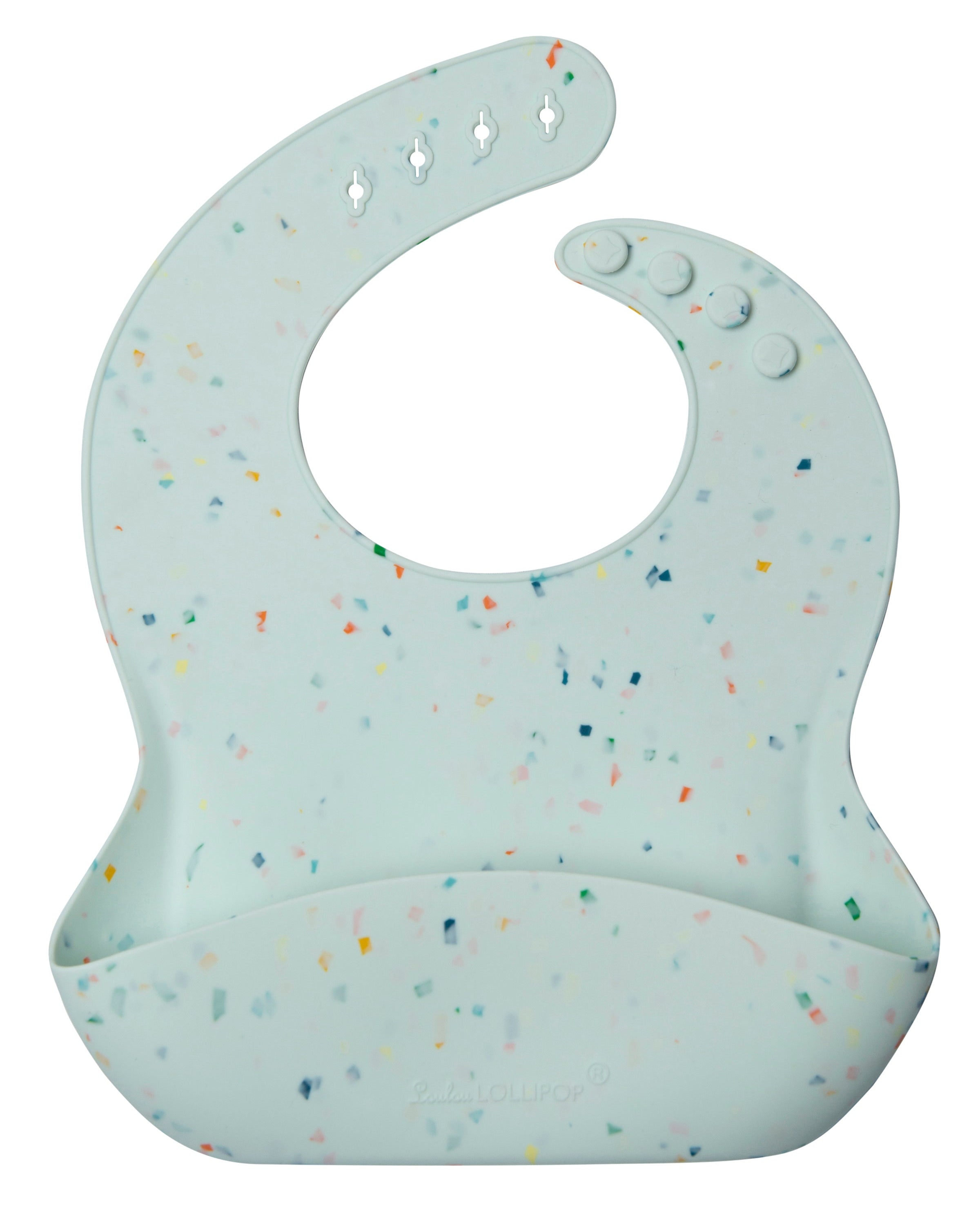 Loulou Lollipop FDA-compliant food-grade silicone baby bib in Confetti Mint — front view on white background