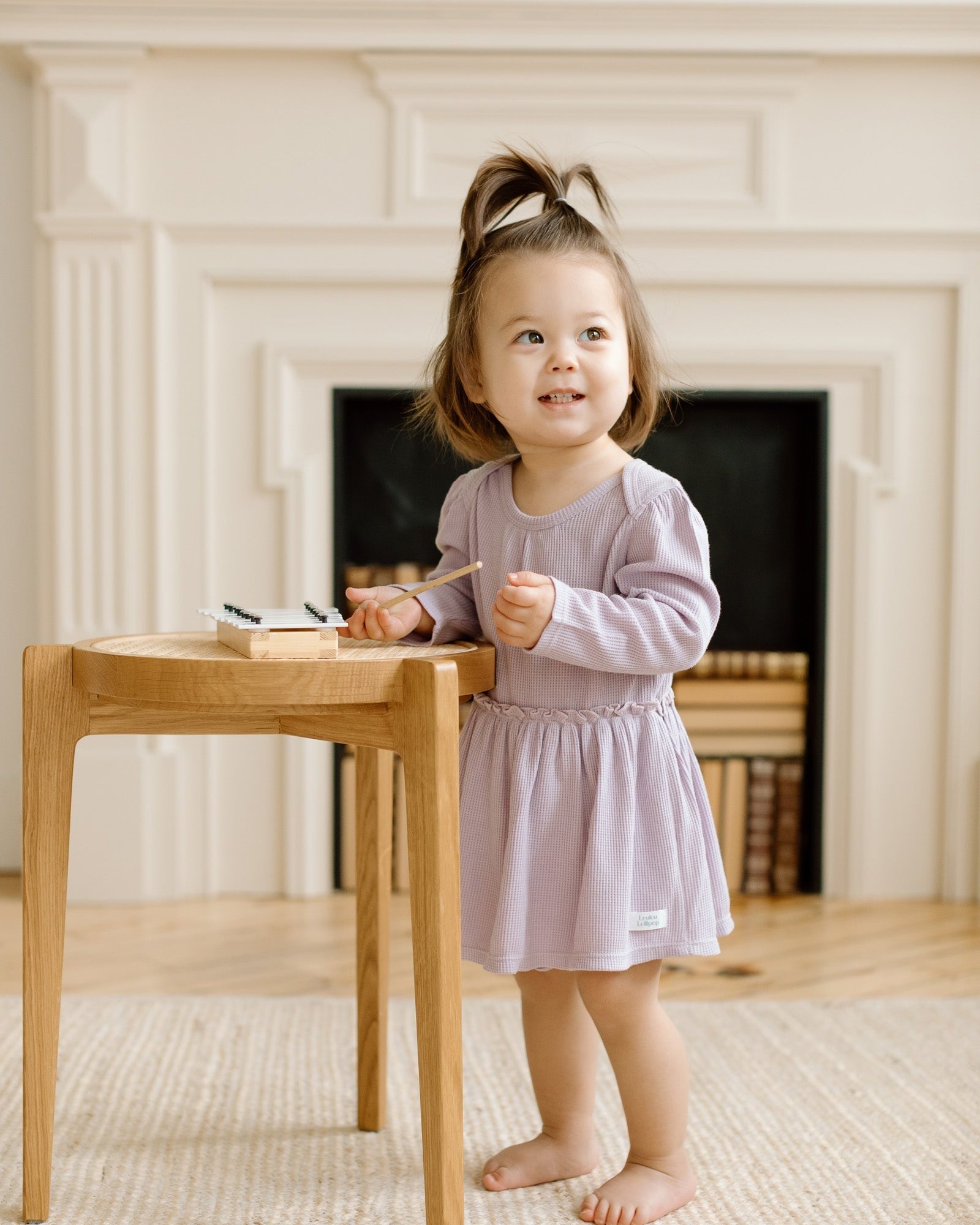 Loulou Lollipop Waffle Long Sleeve Bodysuit Dress in Lavender — front view on white background