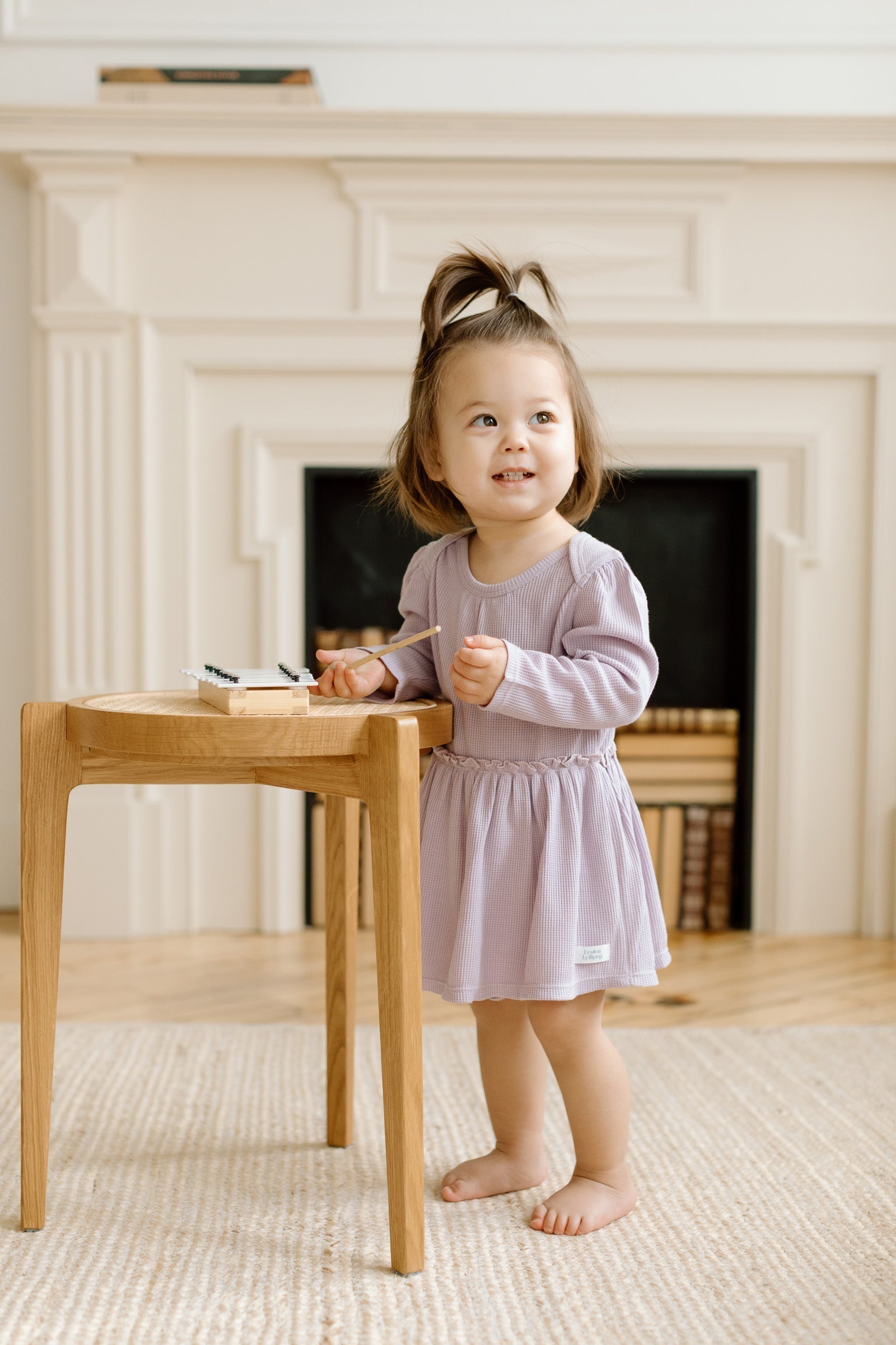 Loulou Lollipop Waffle Long Sleeve Bodysuit Dress in Lavender — front view on white background