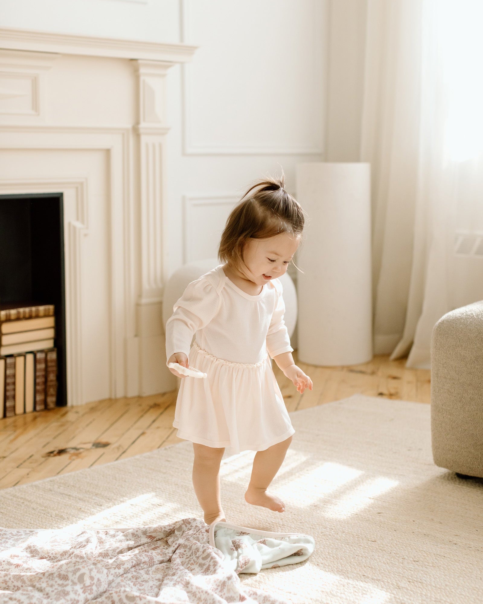 Loulou Lollipop Waffle Long Sleeve Bodysuit Dress in Coconut Milk — front view on white background