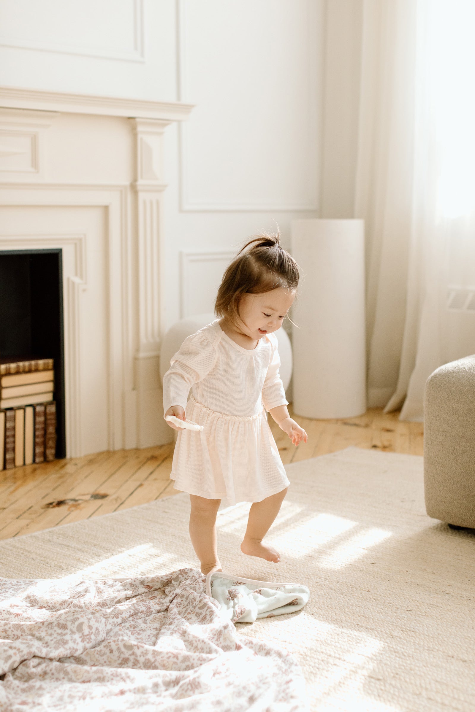 Loulou Lollipop Waffle Long Sleeve Bodysuit Dress in Coconut Milk — front view on white background