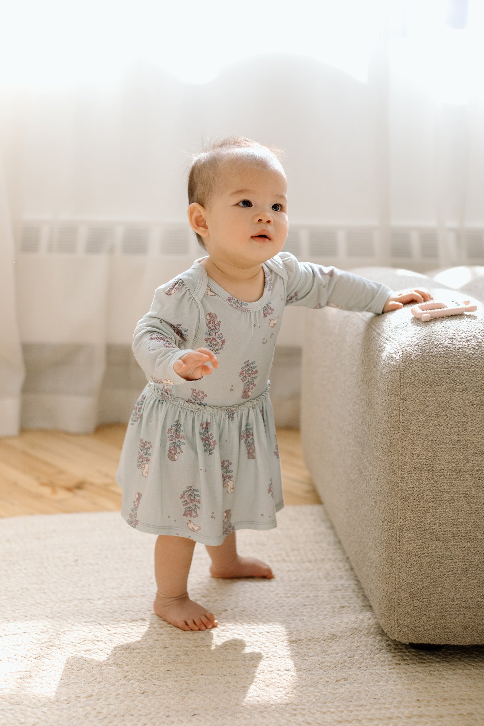 Loulou Lollipop Long Sleeve Bodysuit Dress in Hedgehog Forest — front view on white background