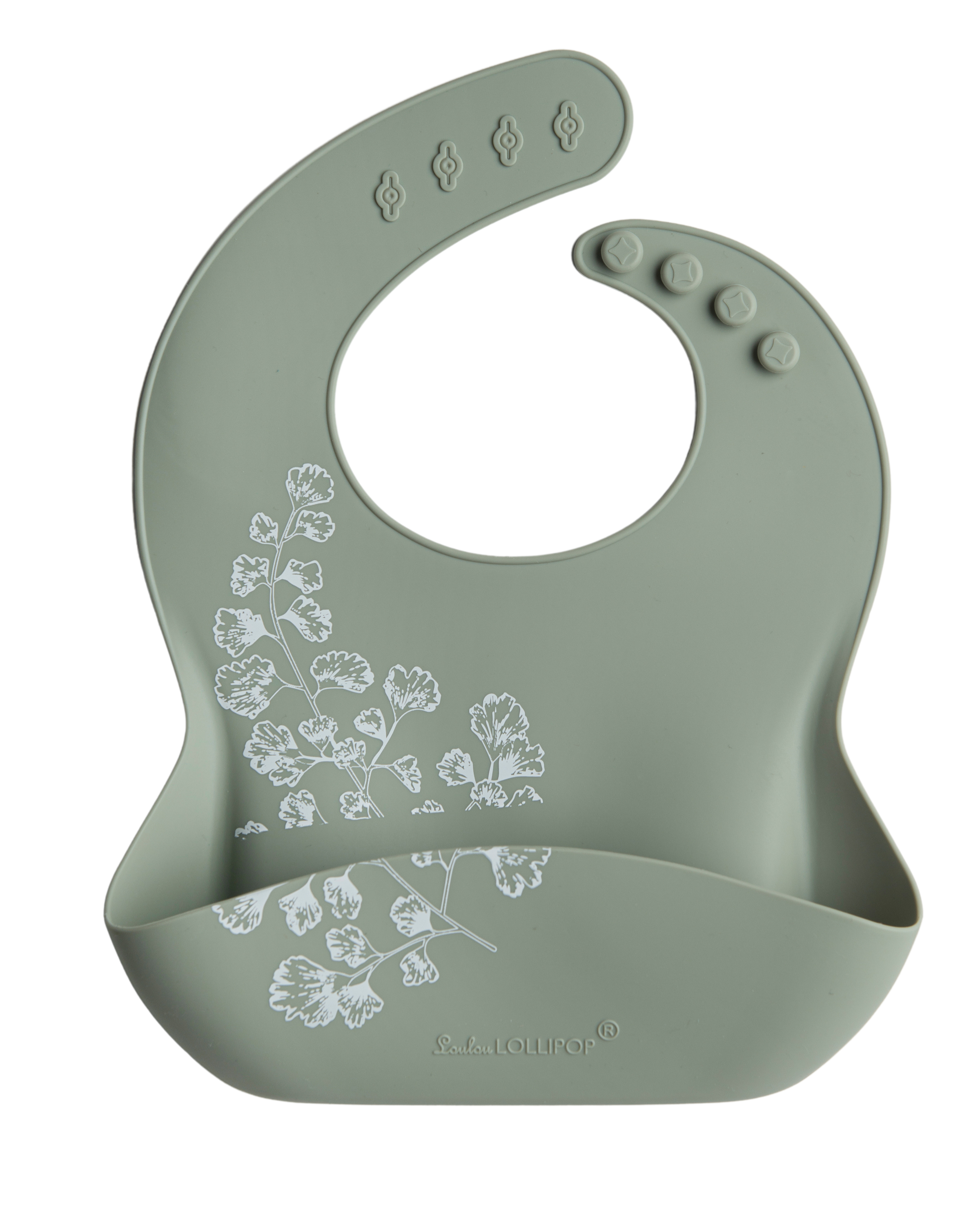 Loulou Lollipop FDA-compliant food-grade silicone baby bib in Fern — front view on white background