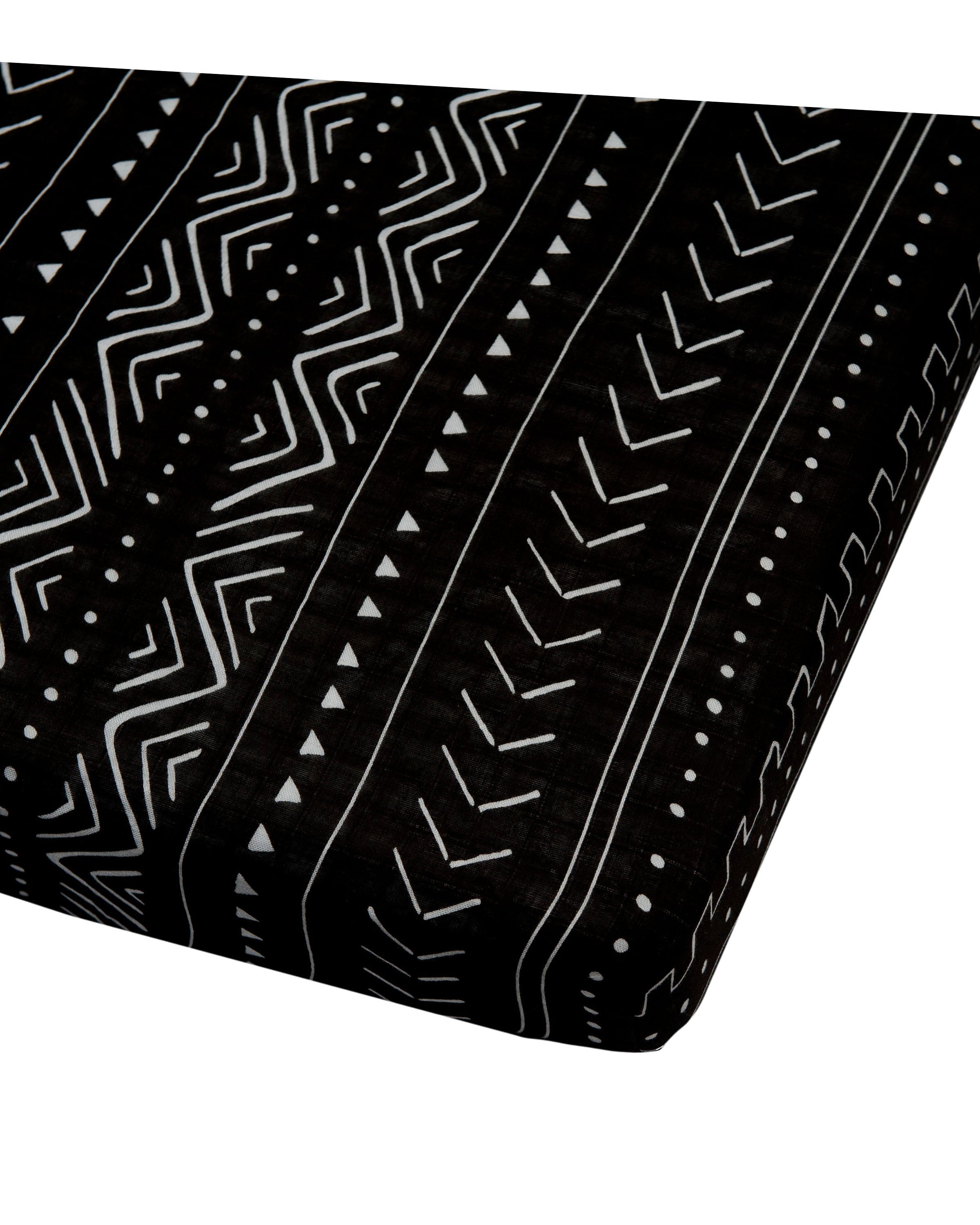 Loulou Lollipop muslin fitted crib sheet in Black Mudcloth for US standard crib — front view on white background