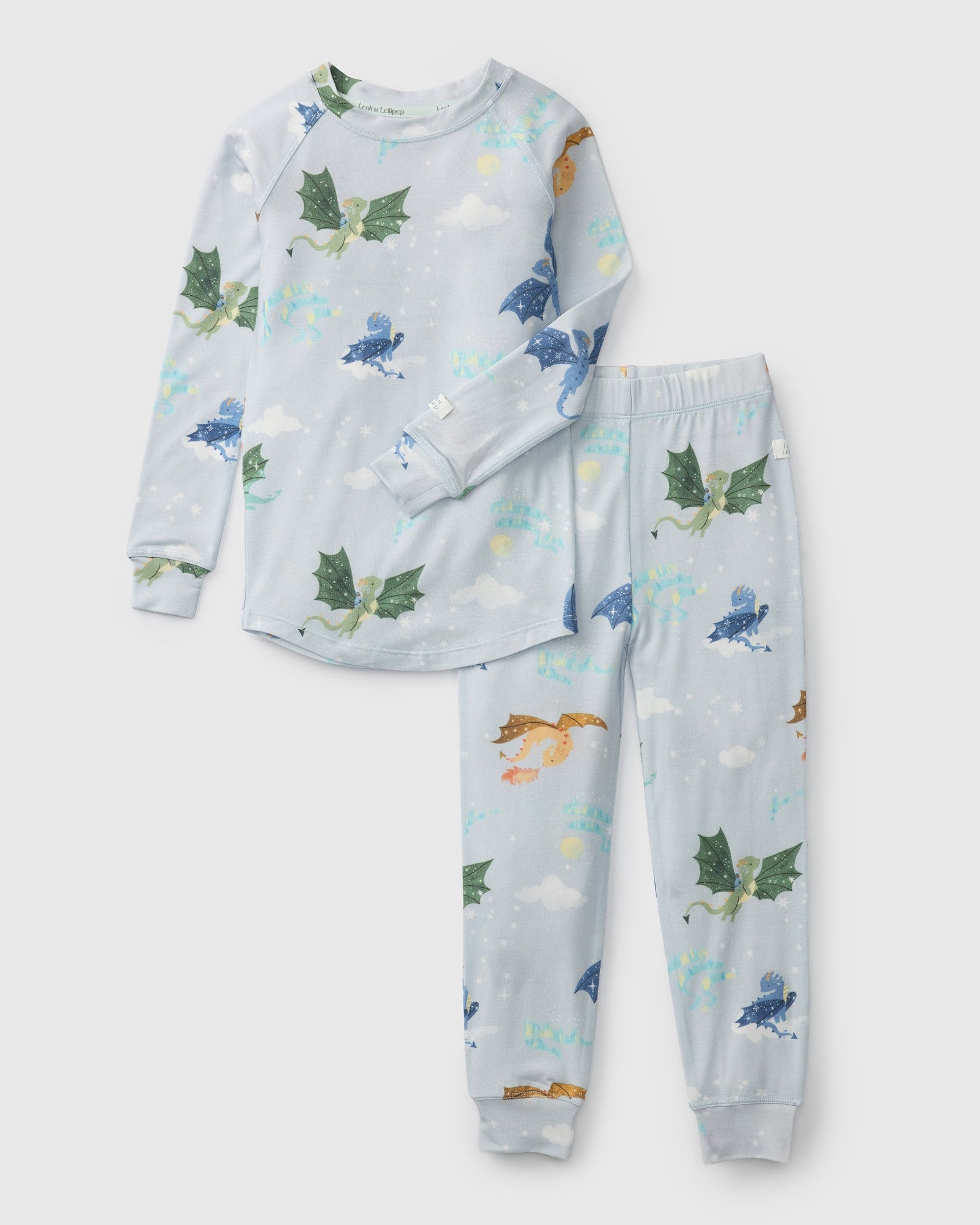 Loulou Lollipop Long Sleeve Pajama Set in Magical Dragons — front view on white background
