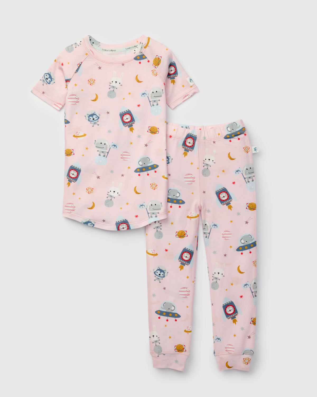 Loulou Lollipop Short Sleeve Long Pants Pajama Set in Astro Explorers — front view on white background