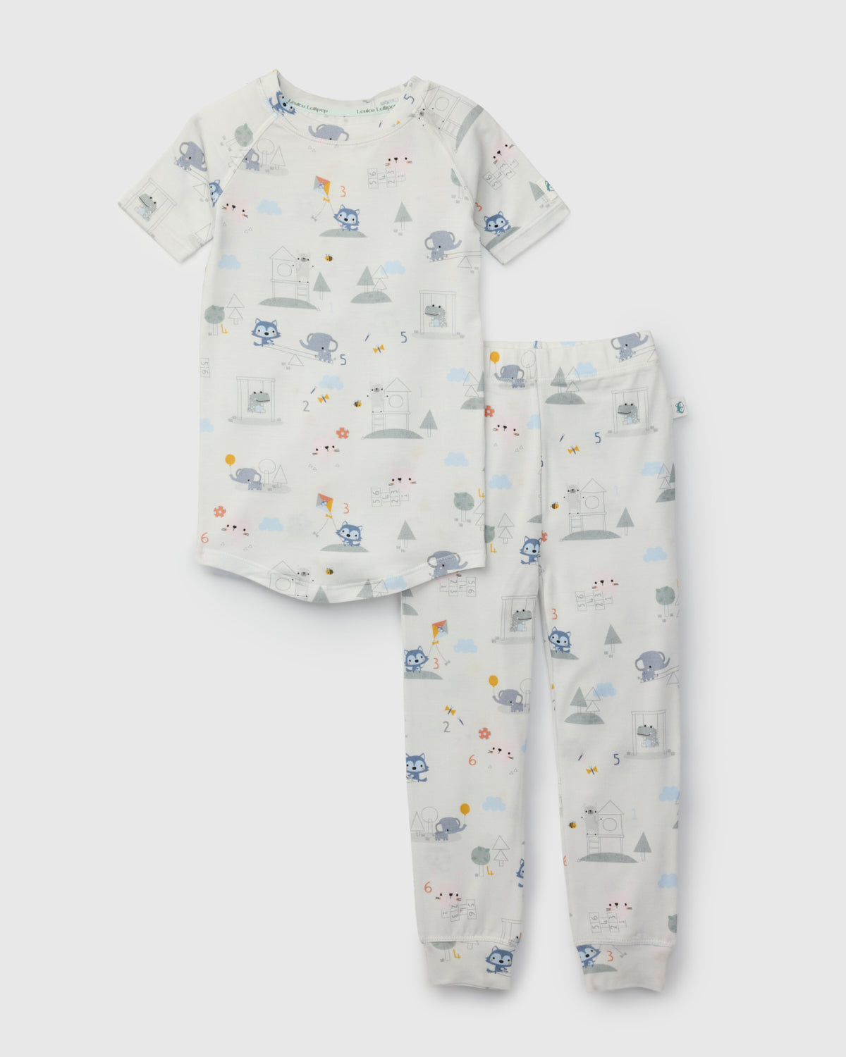 Loulou Lollipop Short Sleeve Long Pants Pajama Set in Mini Mathletes — front view on white background
