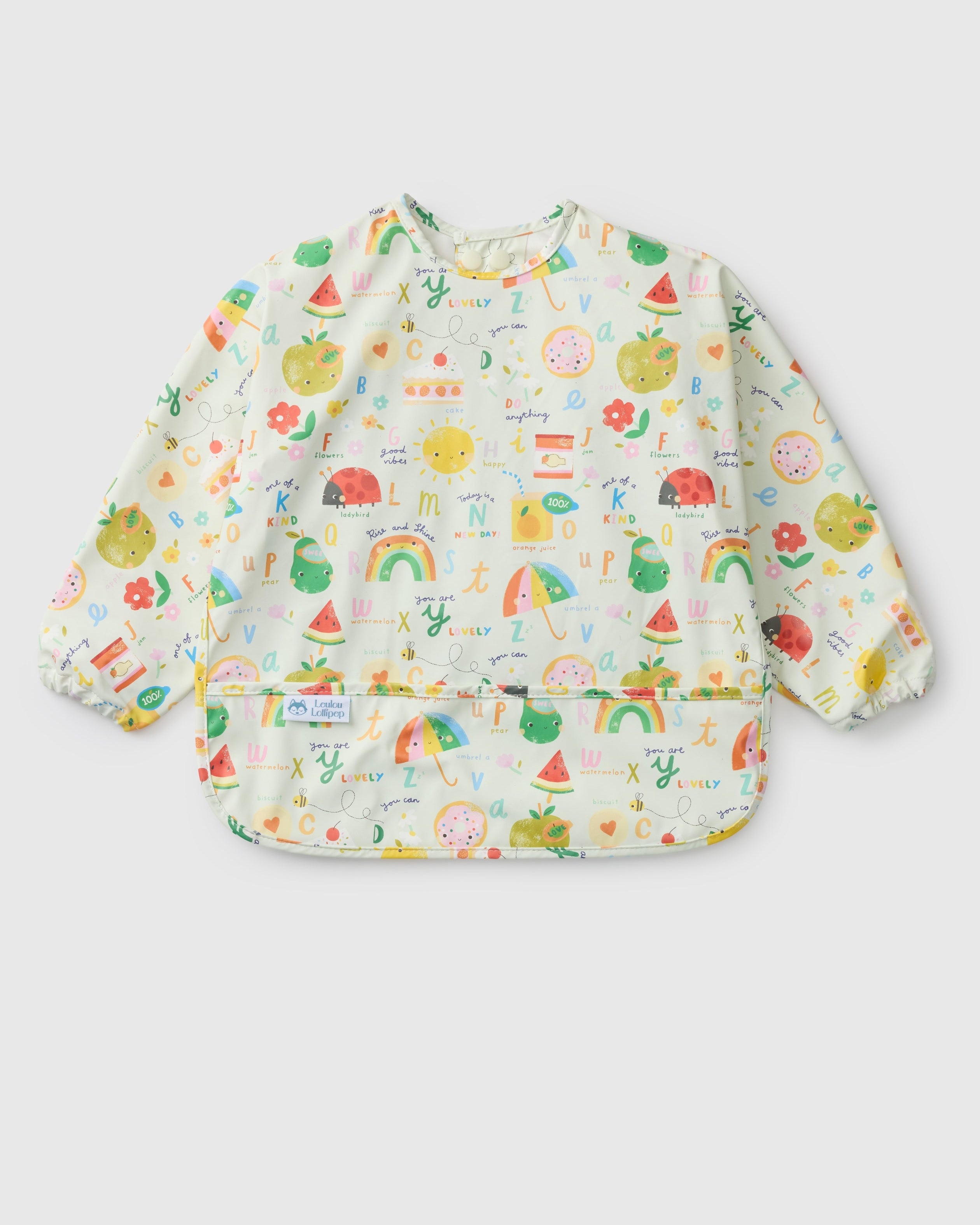 Loulou Lollipop Long Sleeve Bib in Alphabet Smiles — front view on white background