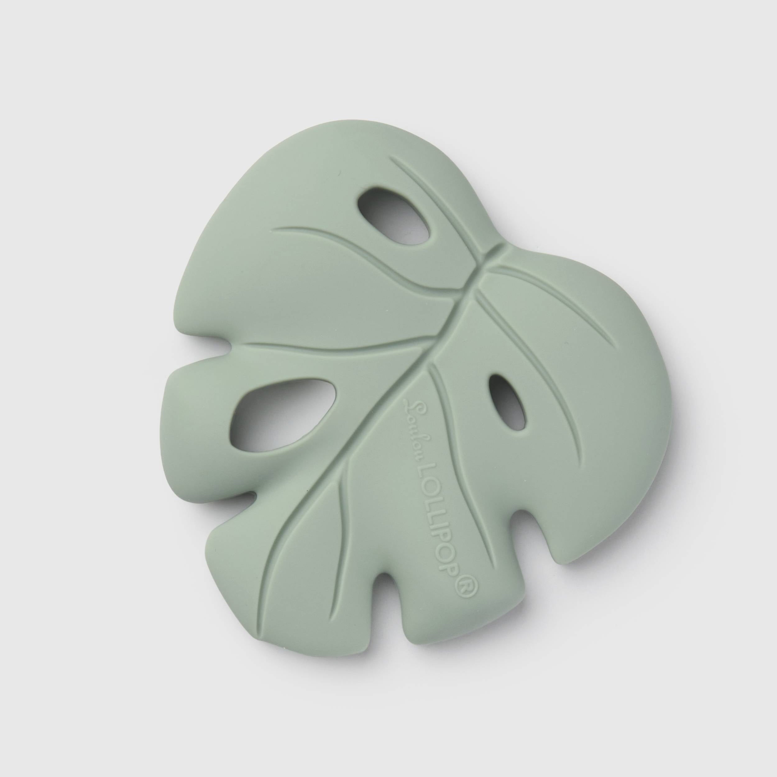Loulou Lollipop FDA-compliant food-grade silicone teether Monstera Seafoam — front view on white background