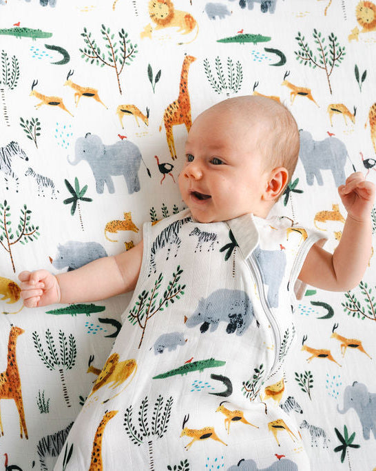 Muslin Fitted Crib Sheet Close Up - Safari Jungle