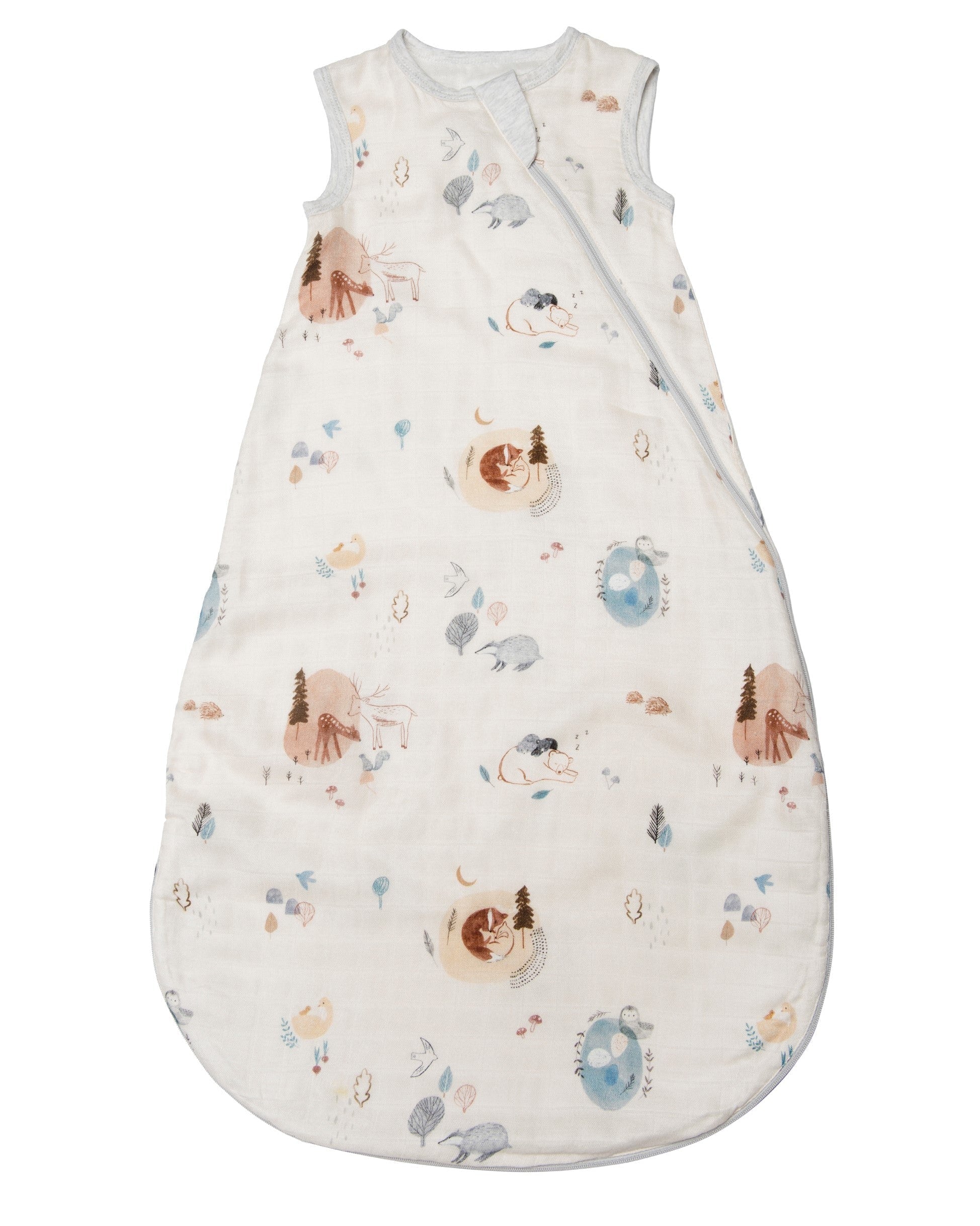 Loulou Lollipop bamboo muslin baby sleep sack 0.5 TOG in Cozy Forest — front view on white background