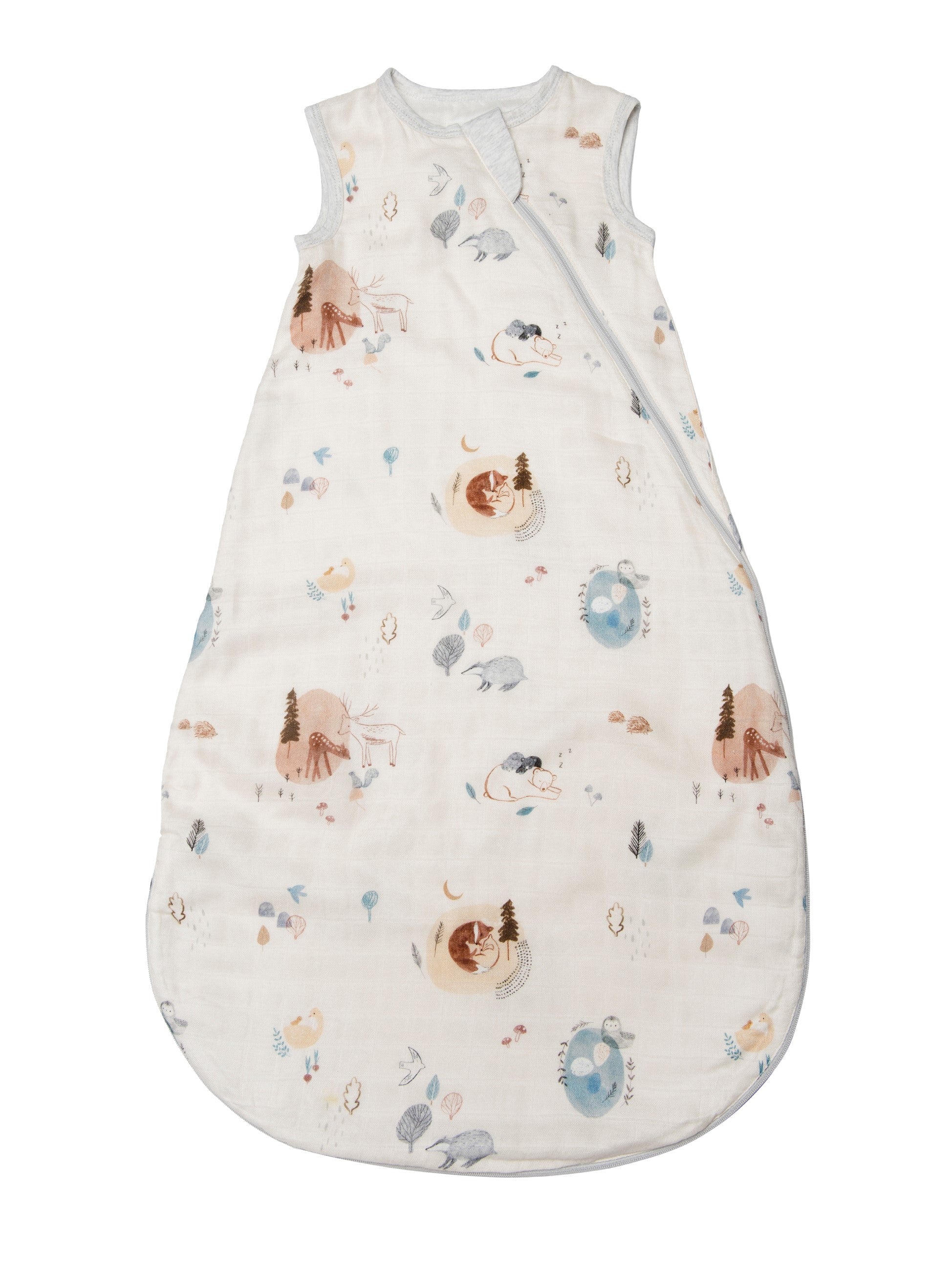 Loulou Lollipop bamboo muslin baby sleep sack 0.5 TOG in Cozy Forest — front view on white background
