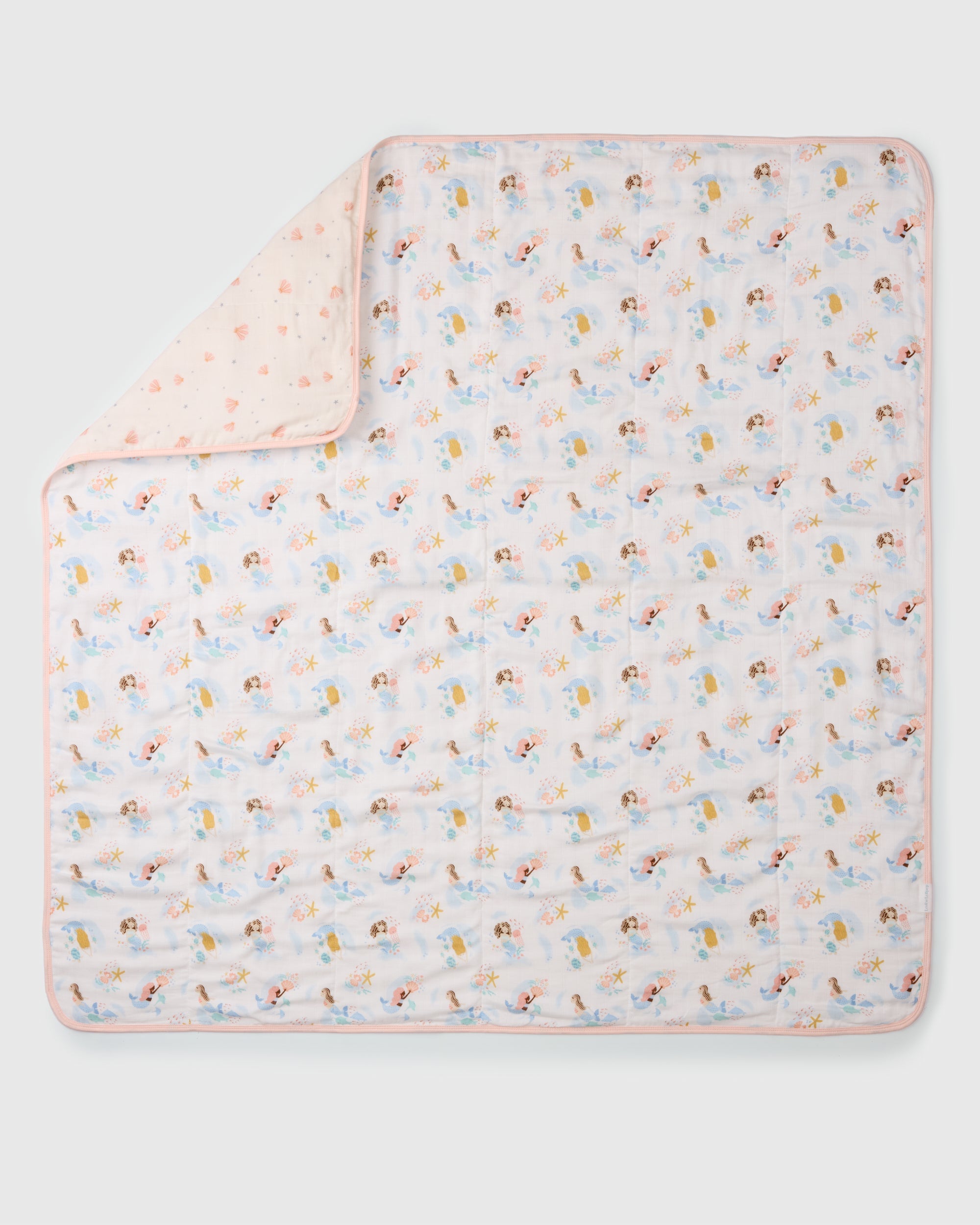 Loulou Lollipop muslin baby quilt blanket in Mermaids — front view on white background