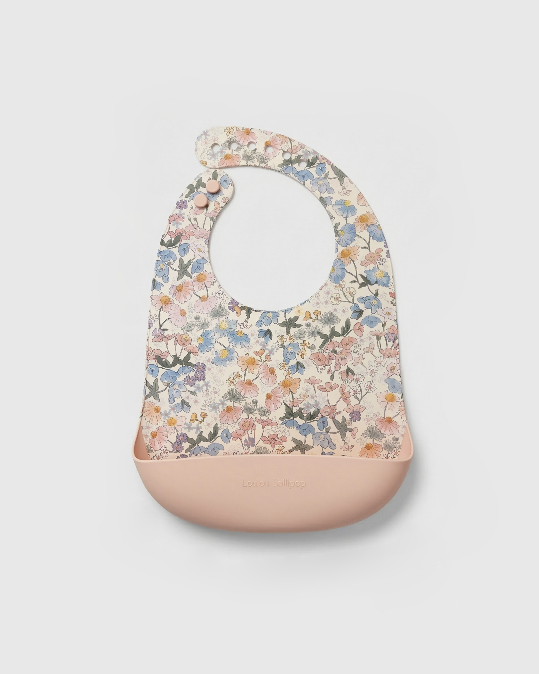 Loulou Lollipop FDA-compliant food-grade silicone baby bib in English Garden — front view on white background